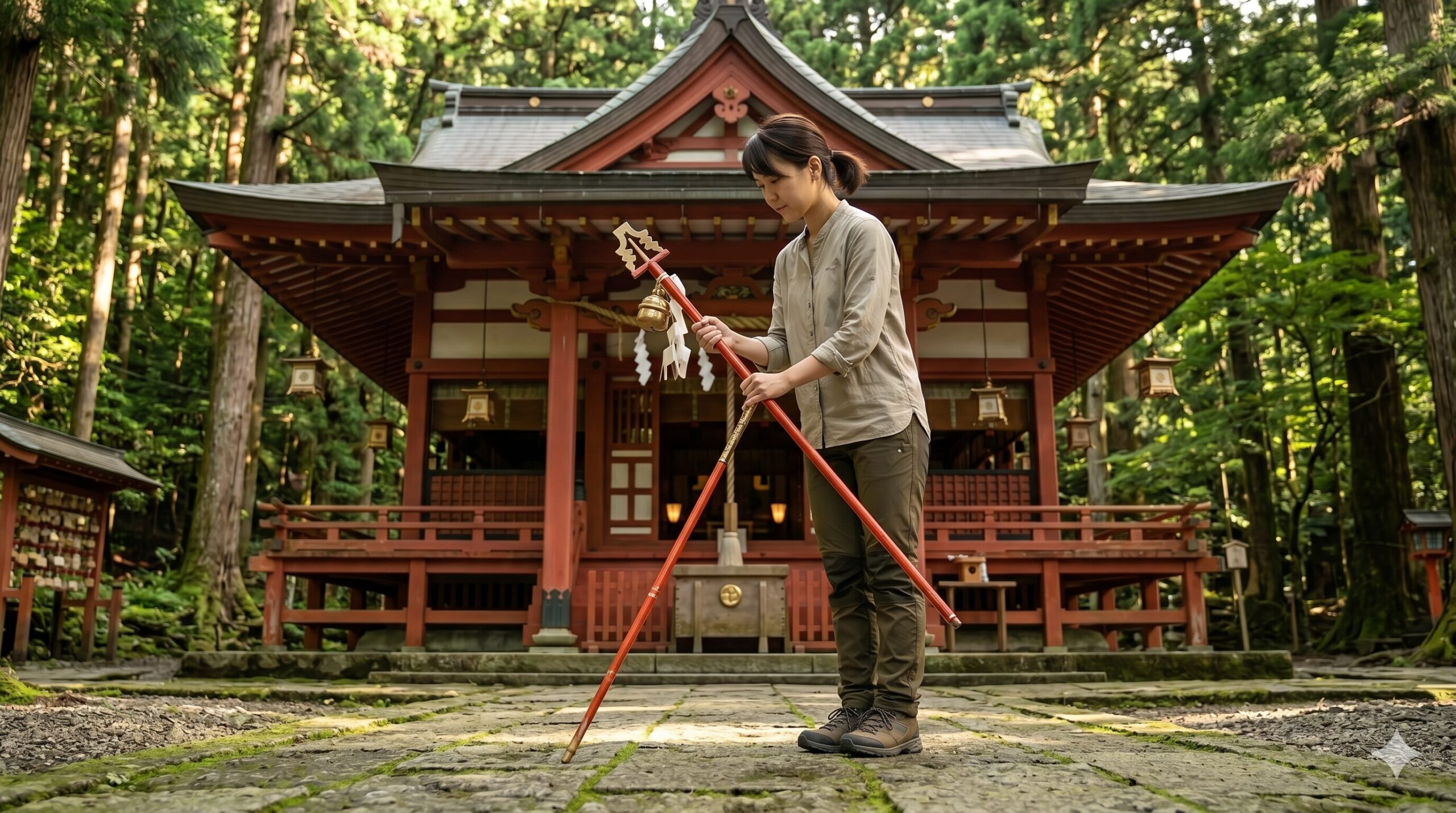 京都・鞍馬寺の九十九折参道の中腹に位置する由岐神社の境内で、杉木立に囲まれた厳かな雰囲気の中、祭事用の長い和楽器（和太鼓のバチのようなもの）を手に持ち、静かに佇む日本人女性。桃山建築特有の「舞台造り（懸造り）」である割拝殿の一部が背景に見える。