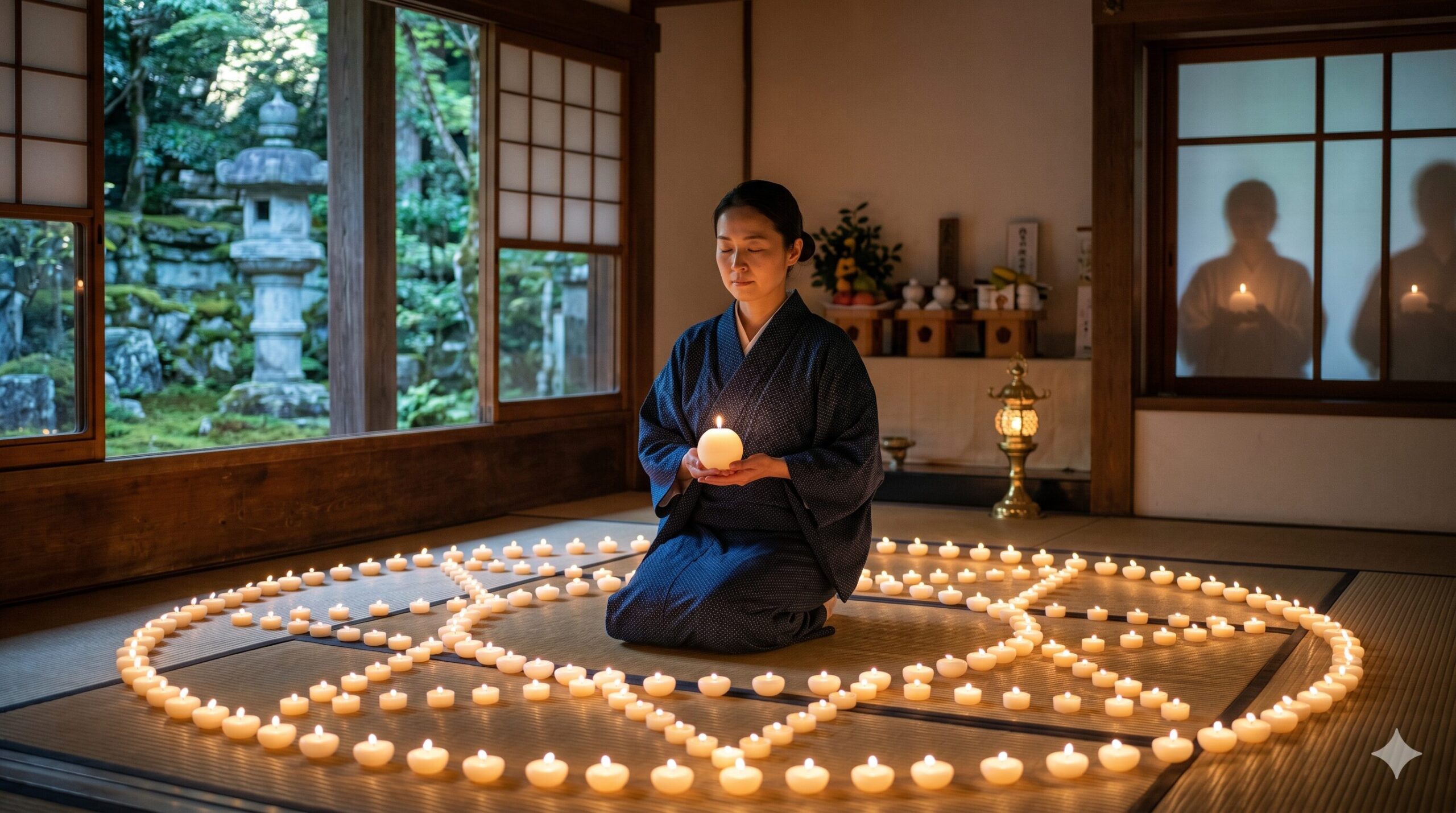 鞍馬寺の五月満月祭（ウエサク祭）の神秘的な儀礼を想起させる、和室の畳の上に円状に並べられた無数のキャンドルの静かな炎に囲まれ、着物姿で目を閉じ、手元に灯したキャンドルを持って静かに祈りを捧げる日本人女性。窓の外には新緑の美しい日本庭園が広がっている。