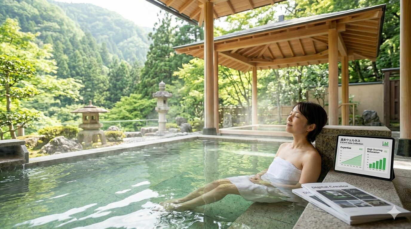 2024年末に大規模修繕を終えてリニューアルオープンした「くらま温泉」の、洛北の雄大な山並みと新緑の美しい木々を望む天然露天風呂。湯船に身を沈めて旅の疲れを癒やすアジア人女性のウェルネスな風景。