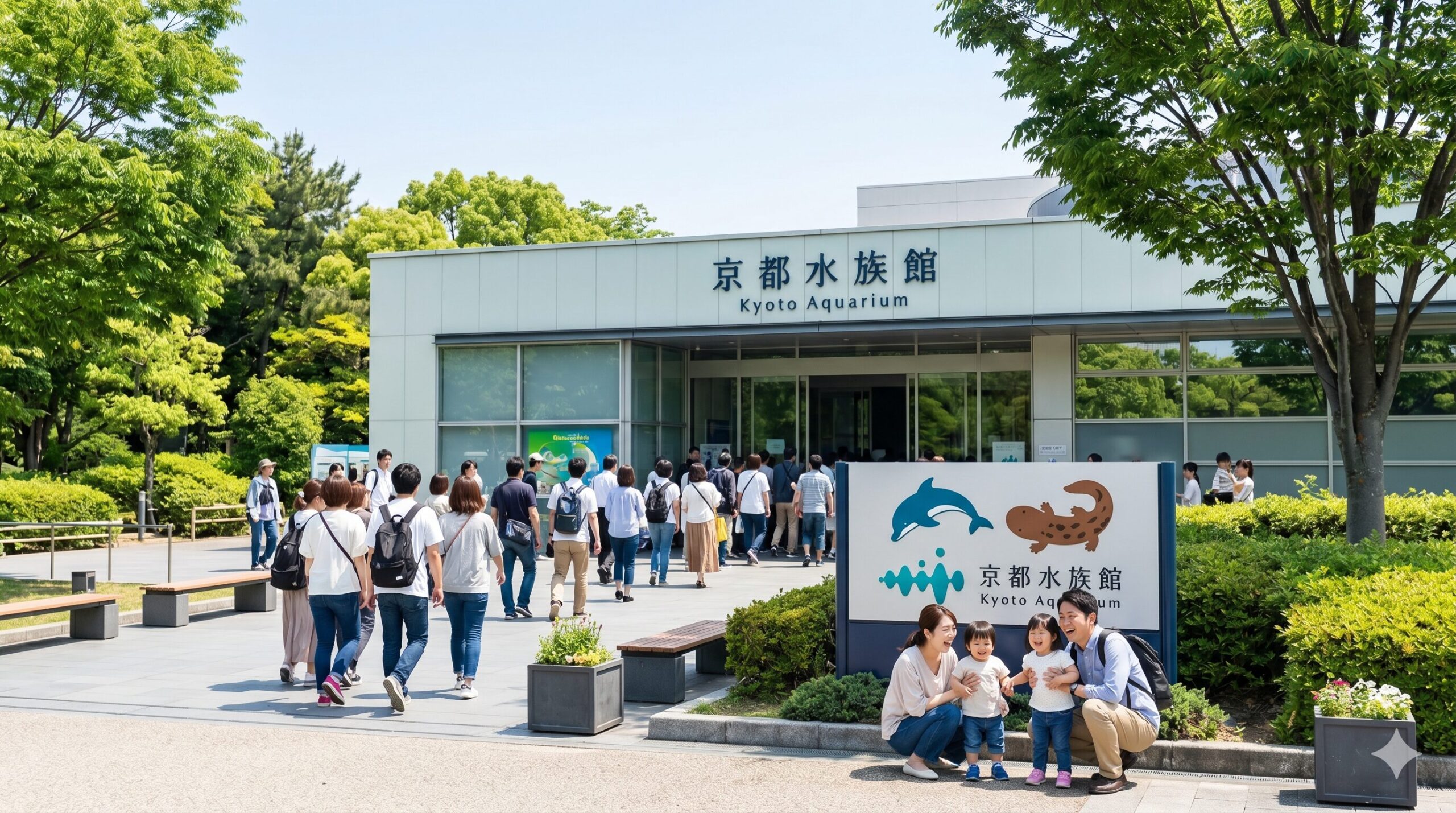 晴れた日の京都水族館の正門と、入館券を求めて並ぶ多くの来館者たちの列。青空の下、近代的な建物の前に行列が続いている様子。