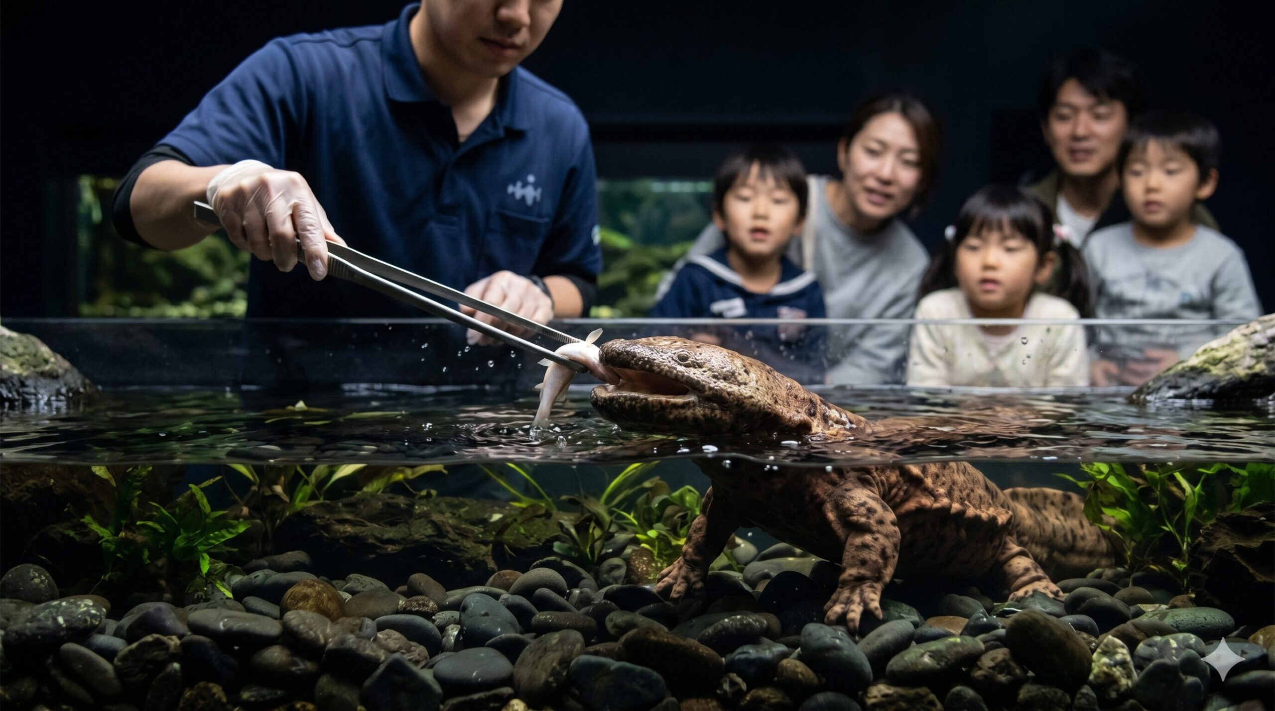 京都水族館の「京の川エリア」にあるオオサンショウウオの大水槽。薄暗い水中で、巨大なオオサンショウウオが飼育スタッフから差し出された餌を、大きな口でバフッと吸い込む迫力の瞬間。
