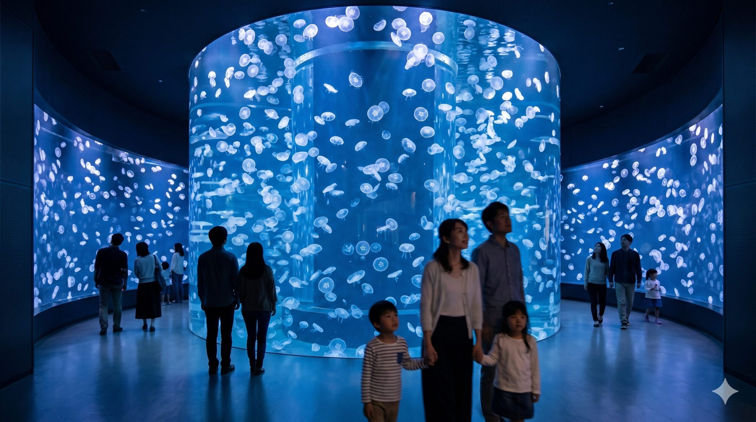 京都水族館のクラゲワンダーにある360度パノラマ水槽「GURURI（グルリ）」。青い光に照らされた幻想的な空間で、ミズクラゲがゆらゆらと漂い、訪れたアジア人の家族がその美しさに深く没入している様子。