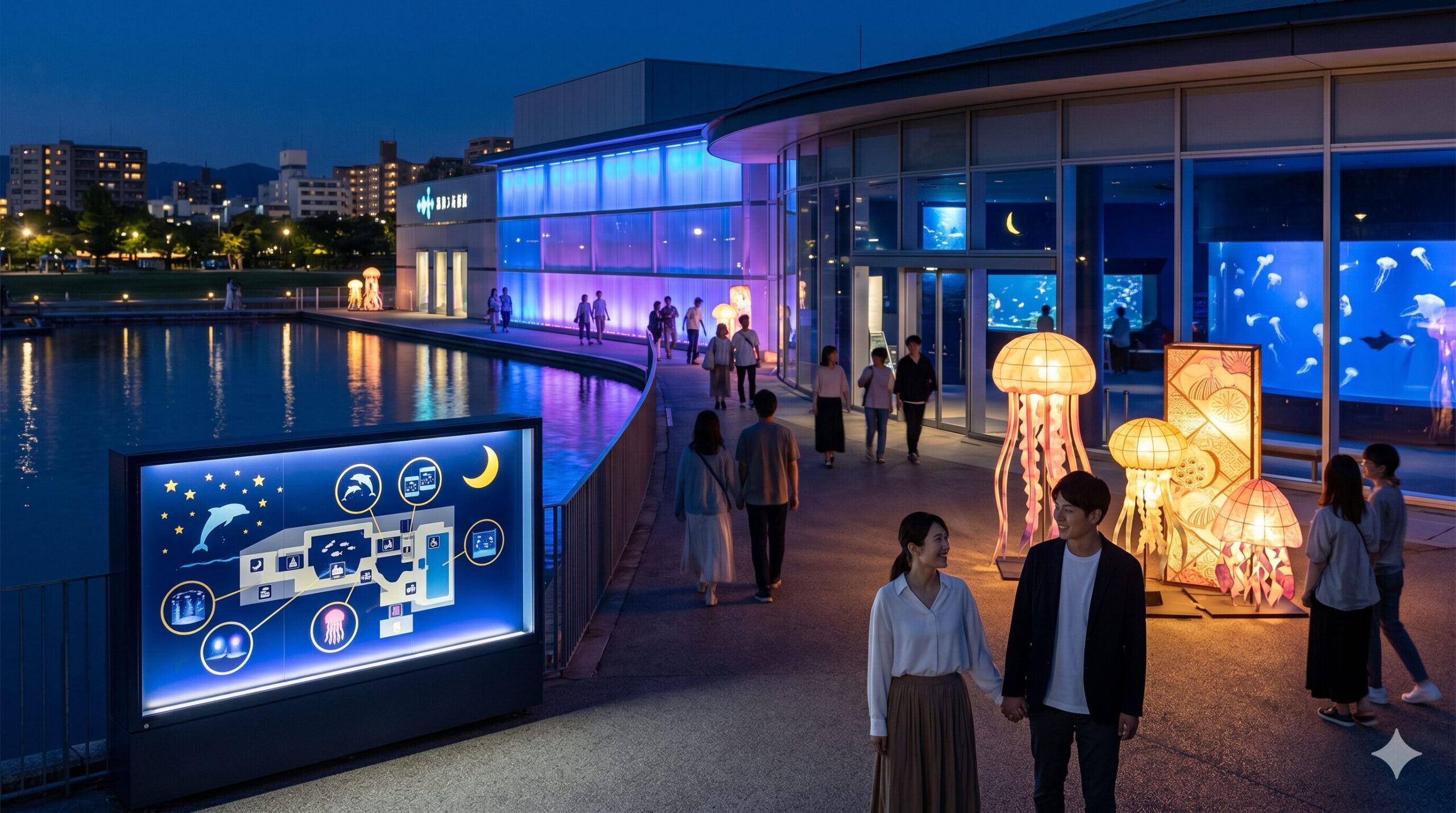 京都水族館の期間限定イベント「夜のすいぞくかん」の様子。薄暗いイルカスタジアムは幻想的な青や紫のライティングで照らされ、イルカたちが優雅にジャンプし、観客席のアジア人のカップルが楽しげに眺めている。