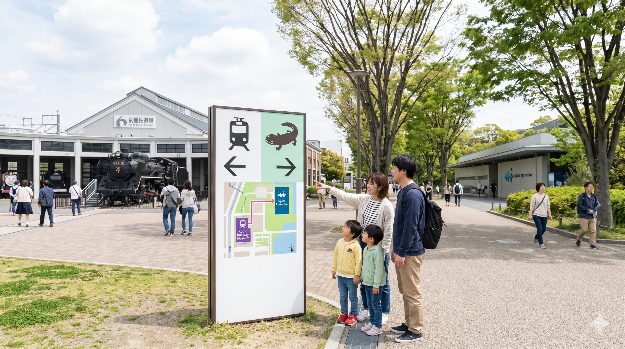 京都の梅小路エリアにある、京都鉄道博物館の屋外展示「SLスチーム号」と、その背景に広がる京都の街並み。蒸気機関車が煙を吐きながら動き出し、アジア人の親子が笑顔で手を振っている様子。
