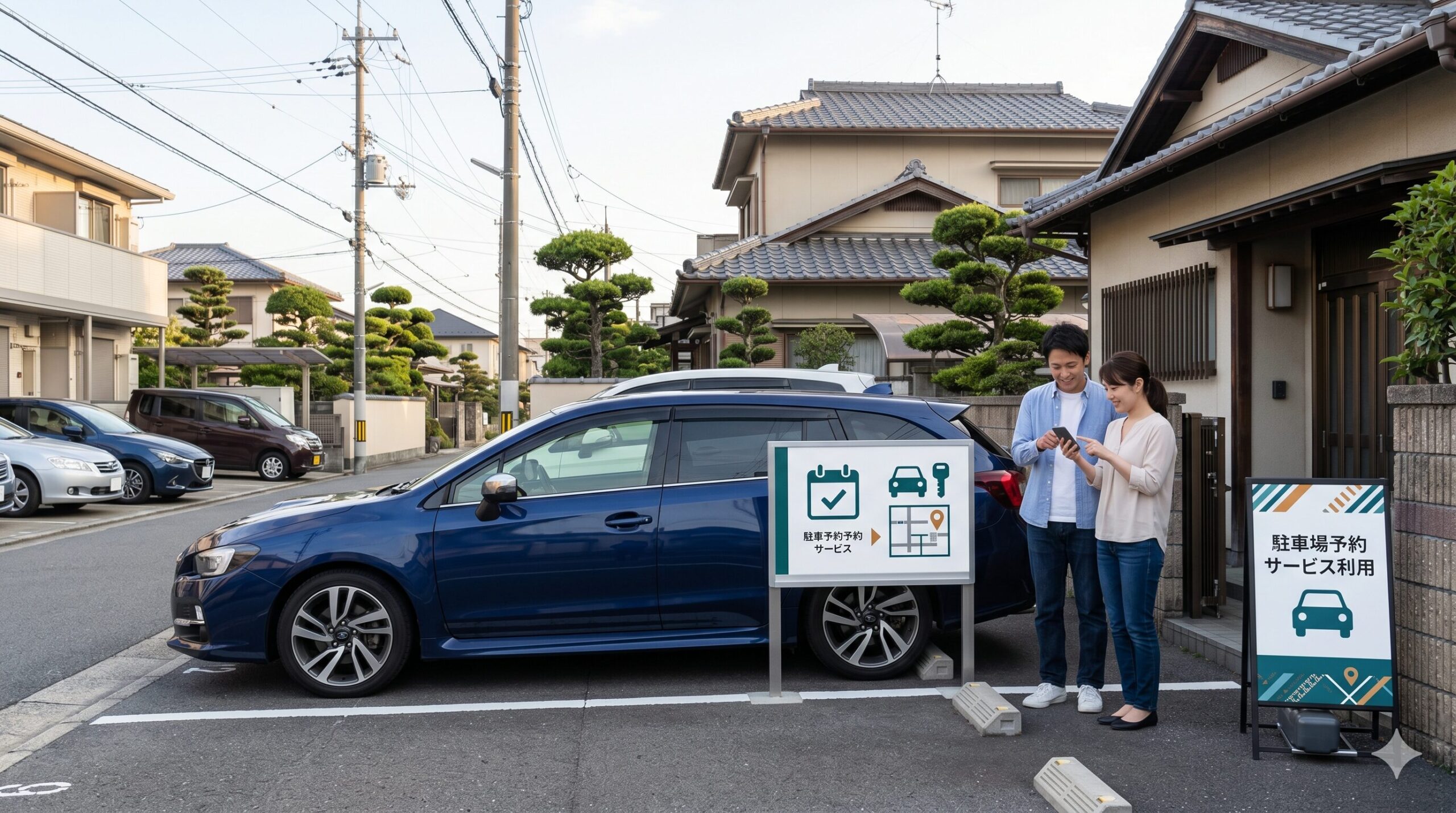 京都水族館から徒歩数分の距離にある、駐車場予約サービス（akippaなど）に対応した住宅街の駐車場の様子。一台の乗用車が停車しており、その前に「予約専用」と書かれた看板が立っている。