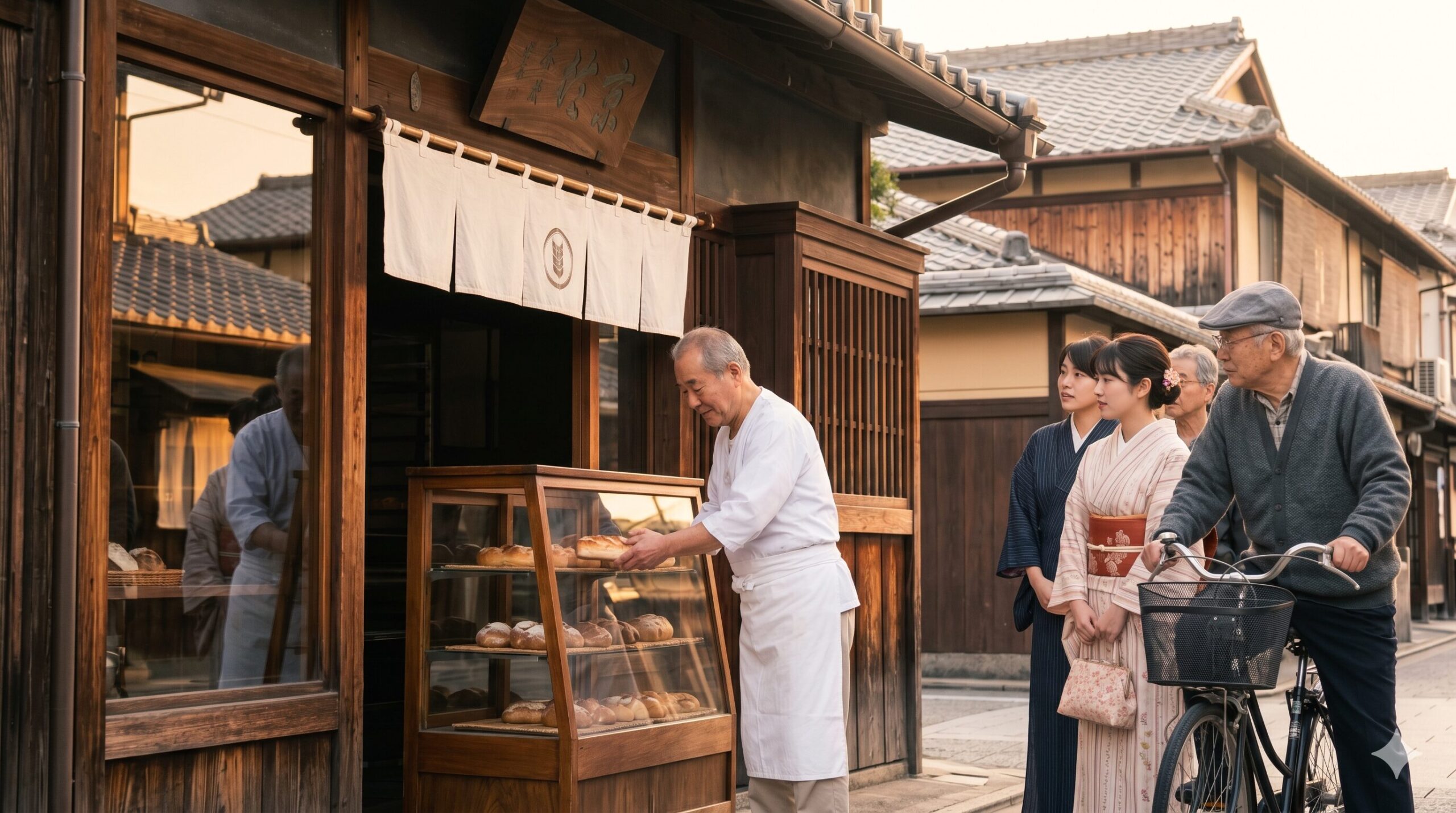 京都の伝統的な町家風ベーカリーの店頭で、朝日に包まれながら焼きたてのパンを並べるベテラン職人と、それを見つめる地元の日本人女性たちの様子。京都の進取の気性と歴史を象徴する。