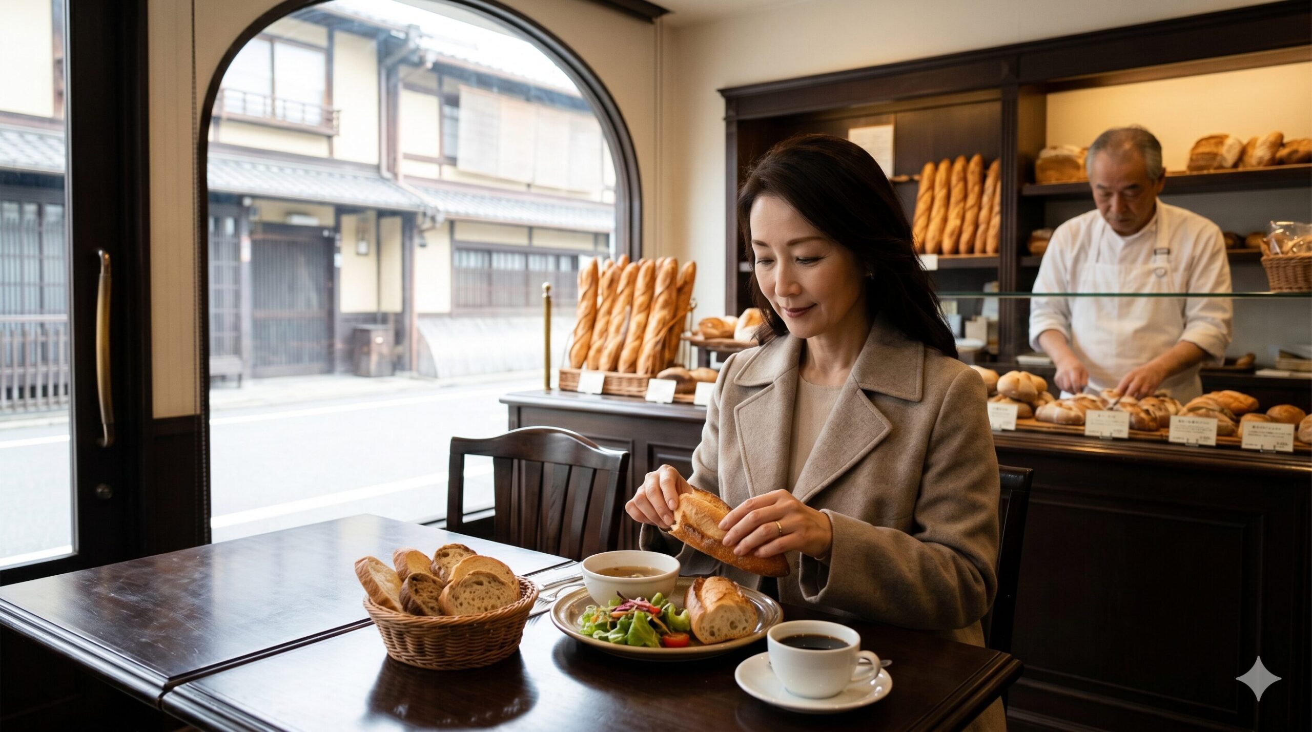 京都の歴史あるベーカリー「進々堂」のレトロで洗練された店内で、本場のフランスパンやスープと共にモーニングを楽しむ日本人女性。大正時代から続く本格志向と朝食文化を表現。