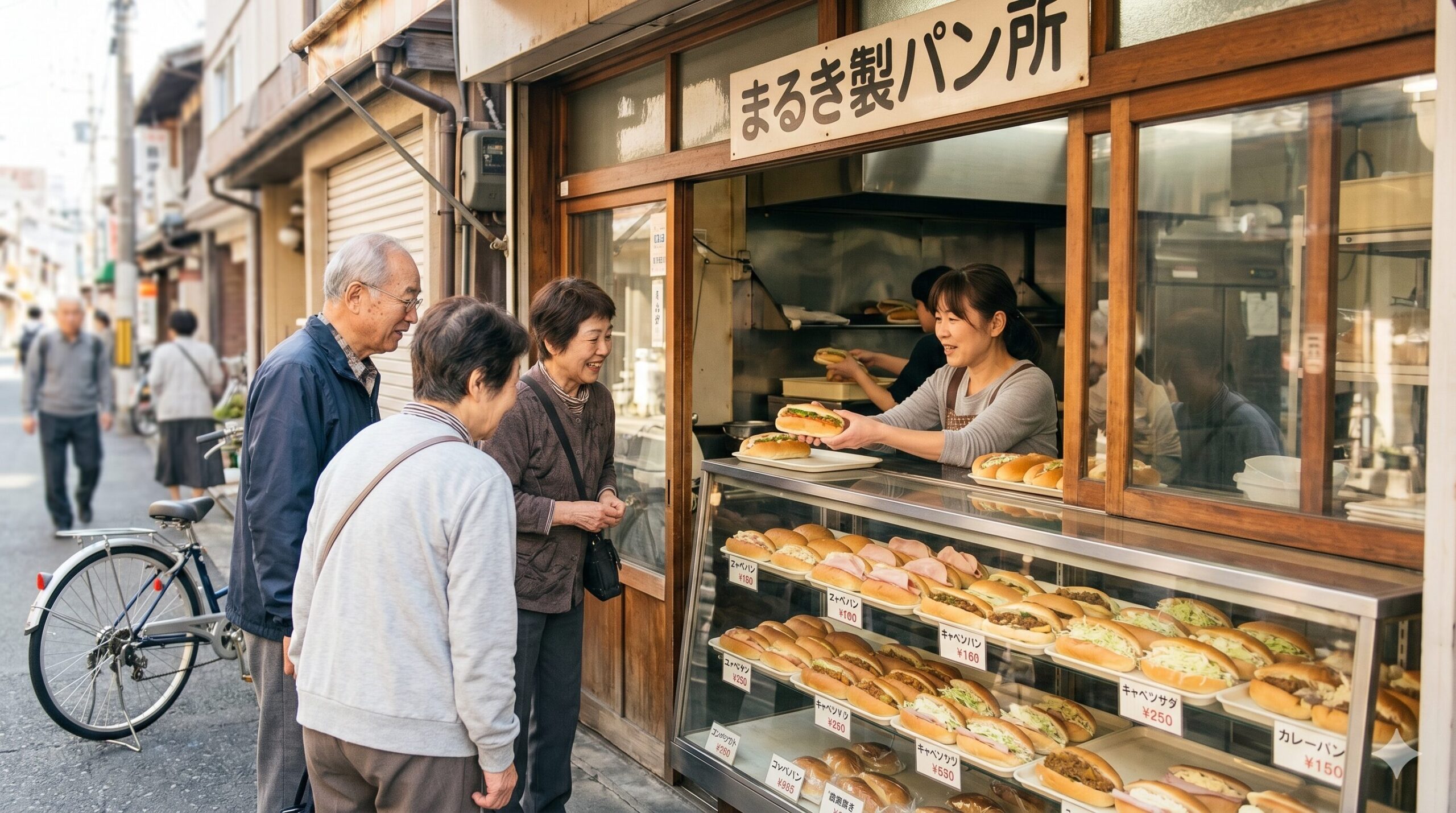 京都の松原通にある老舗「まるき製パン所」のレトロな店頭で、日本人女性店員が地元の高齢女性客にコッペパンサンドを手渡す瞬間。昭和の雰囲気が残る素朴な雰囲気とコミュニティ描写。