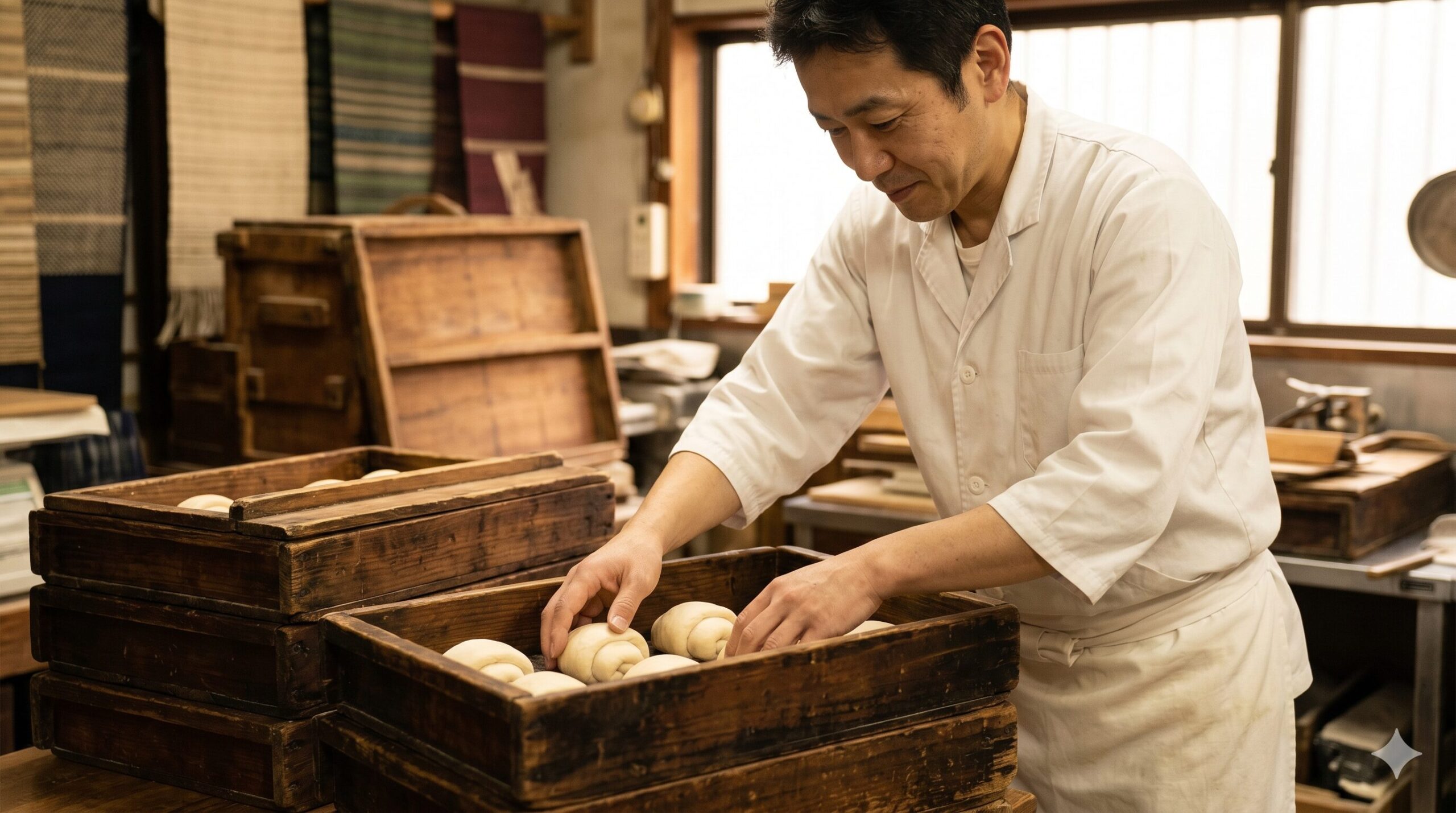 京都の西陣エリアにある「大正製パン所」の工房で、ベテラン職人が使い込まれた木製番重に低温長時間発酵の生地を丁寧に並べる様子。大正8年創業の伝統と技術を表現