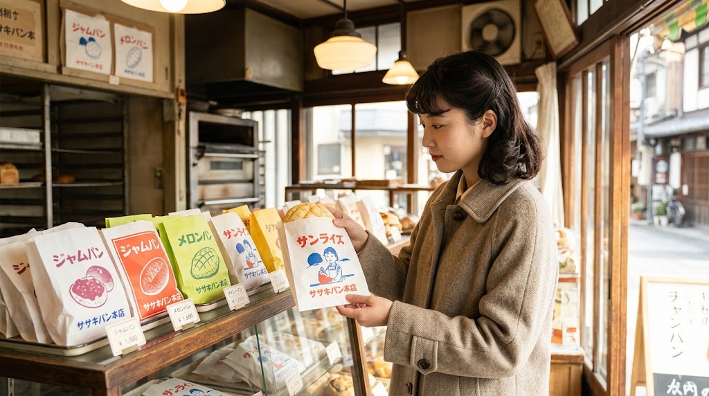 京都の伏見にある老舗「ササキパン本店」の店内で、昭和レトロなデザインの袋に入ったサンライズ（メロンパン）を選ぶ日本人女性。大正10年創業の歴史と、変えないことの付加価値を表