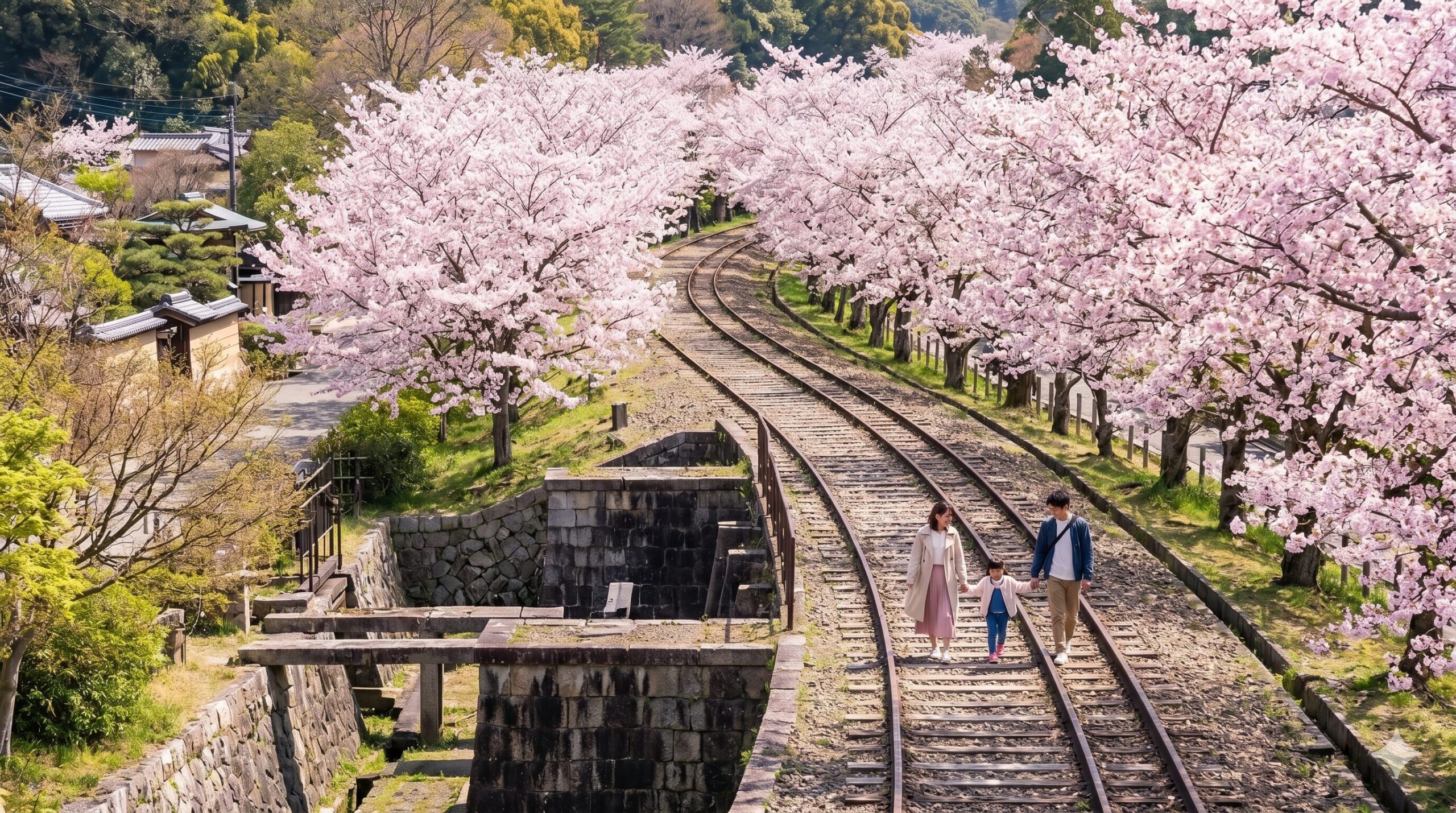 春の蹴上インクライン。満開の桜並木に挟まれた廃線跡のレールの上を、アジア人（日本人）の親子が楽しそうに散策している。琵琶湖疏水に関連する石造りの構造物も見える。テキストなし。