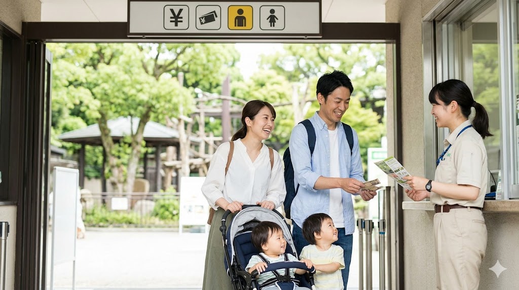 京都市動物園のエントランス。アジア人（日本人）の親子連れが、チケットカウンターで笑顔のスタッフとやり取りしている。入園料が中学生以下無料であることを示すアイコン入りの案内板（テキストなし）が近くに立つ。