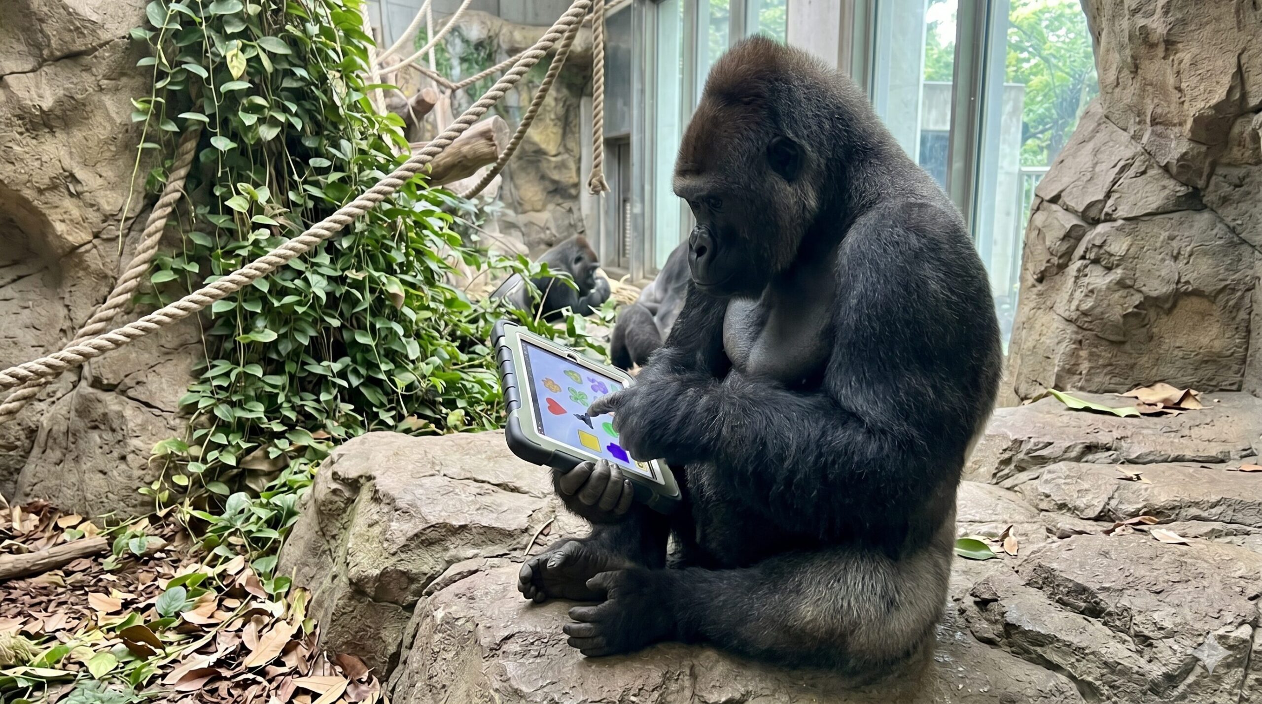京都市動物園のニシゴリラ。環境エンリッチメントの一環として導入されたタッチパネルモニターに向かい、数字をタッチして認知学習に取り組む様子。知性の高さを感じさせる。テキストなし。