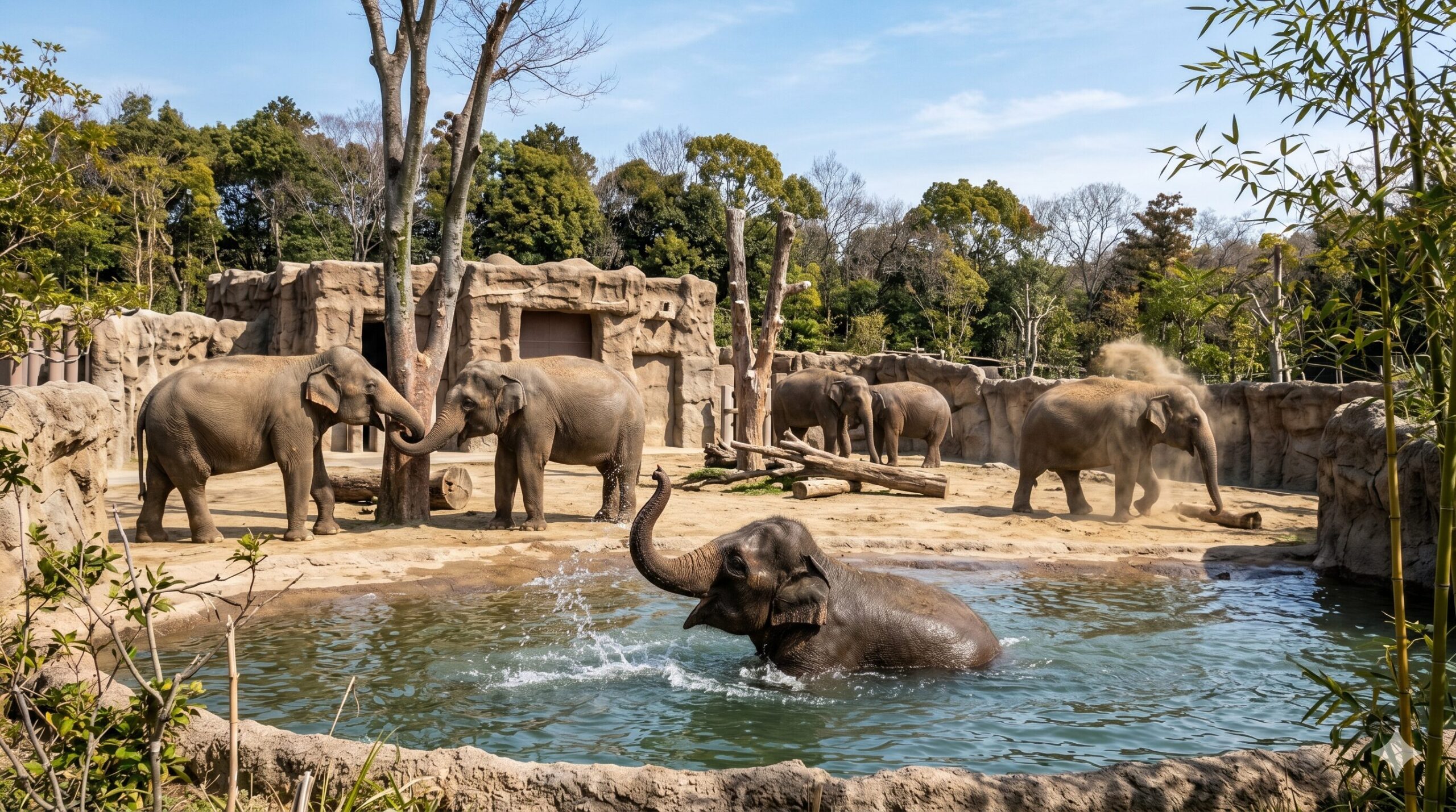 京都市動物園の「ゾウの森」。広々とした放飼場で、複数のアジアゾウが巨大なプールに入り、全身を使ってダイナミックに水浴びをしている。背景には都会の緑が広がる。