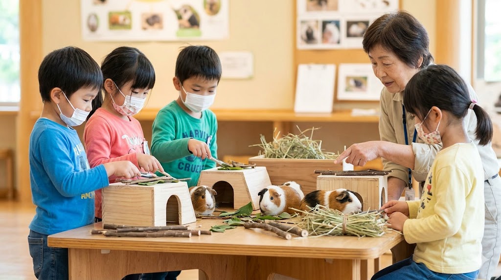 京都市動物園の教育プログラム「テンジクネズミのすきをMIKKE」に参加するアジア人（日本人）の子供たち。木箱やワラを使い、テンジクネズミが快適に過ごせる環境を自分たちで考え、配置している。真剣な眼差しで観察する様子。テキストなし。
