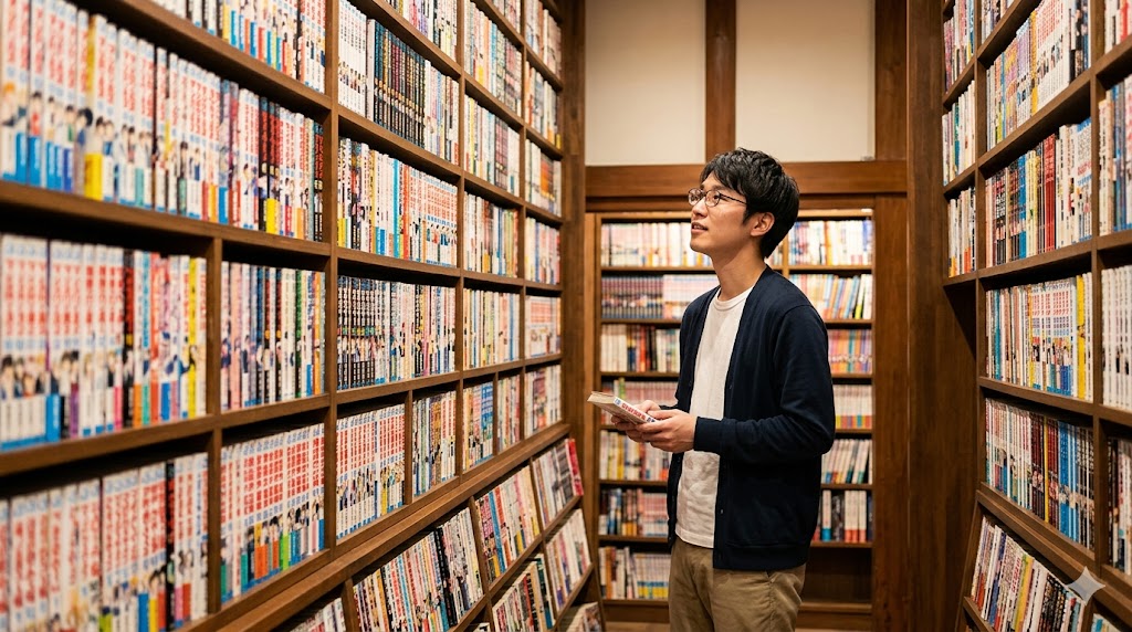 京都国際マンガミュージアムの「マンガの壁」を熱心に見る日本人男性観光客。