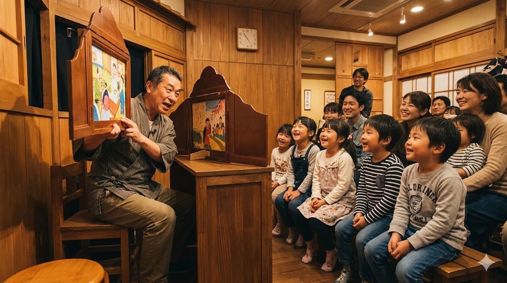 京都国際マンガミュージアムの紙芝居小屋で楽しそうに見入る日本人児童とパフォーマー。