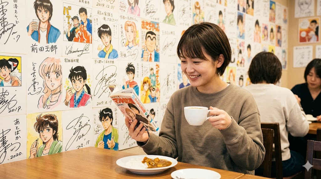 京都国際マンガミュージアム内「前田珈琲」の、マンガ家直筆サイン壁画の前でくつろぐ日本人女性観光客。