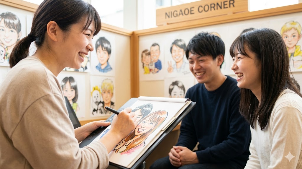 京都国際マンガミュージアムのニガオエコーナーで、日本人カップルの似顔絵を描く日本人アーティスト。
