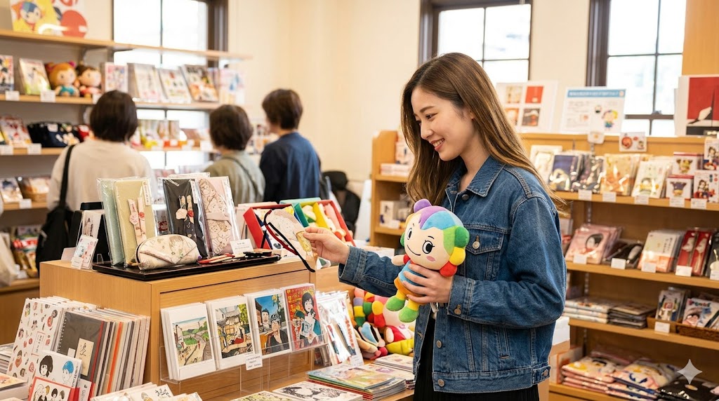 京都国際マンガミュージアムのショップで、限定グッズを選ぶ笑顔の日本人女性観光客。