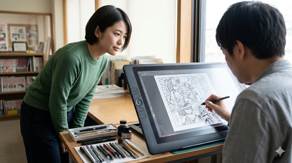 京都国際マンガミュージアムのマンガ工房で、プロのマンガ家が液晶タブレットを使用してデジタル原稿を制作する様子を間近で見学する日本人女性。