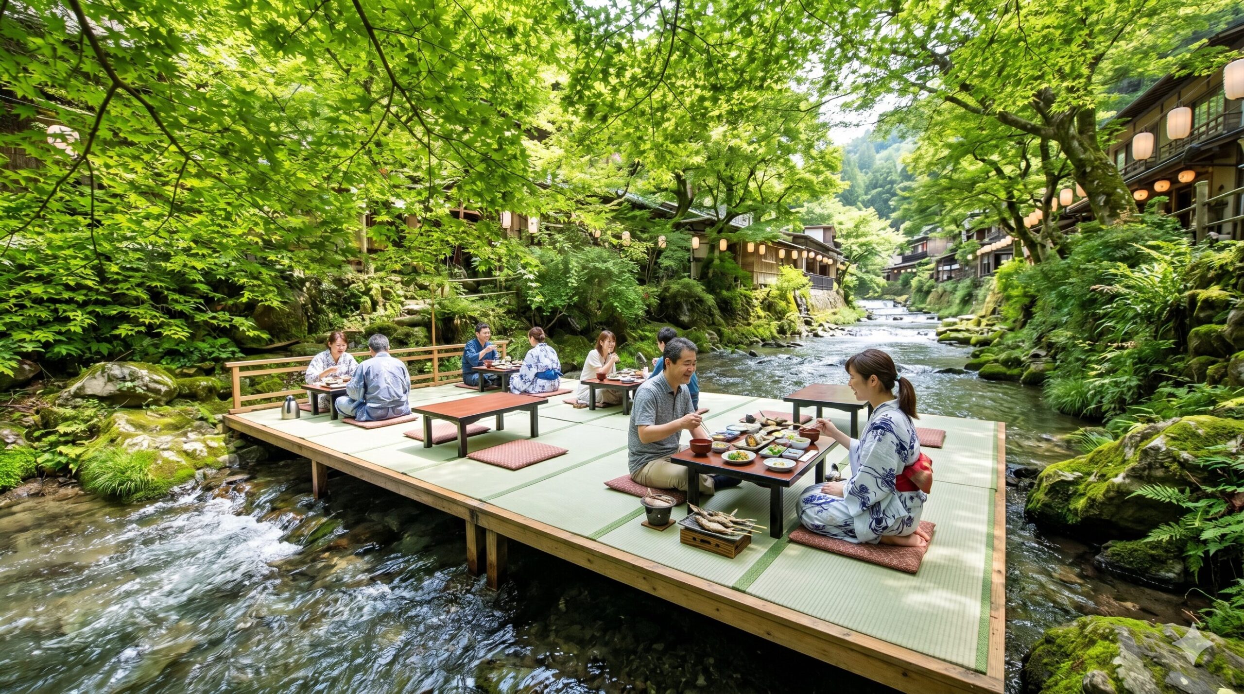 京都の貴船で、清流の真上に設置された川床（かわどこ）で涼を取りながら食事を楽しむ観光客