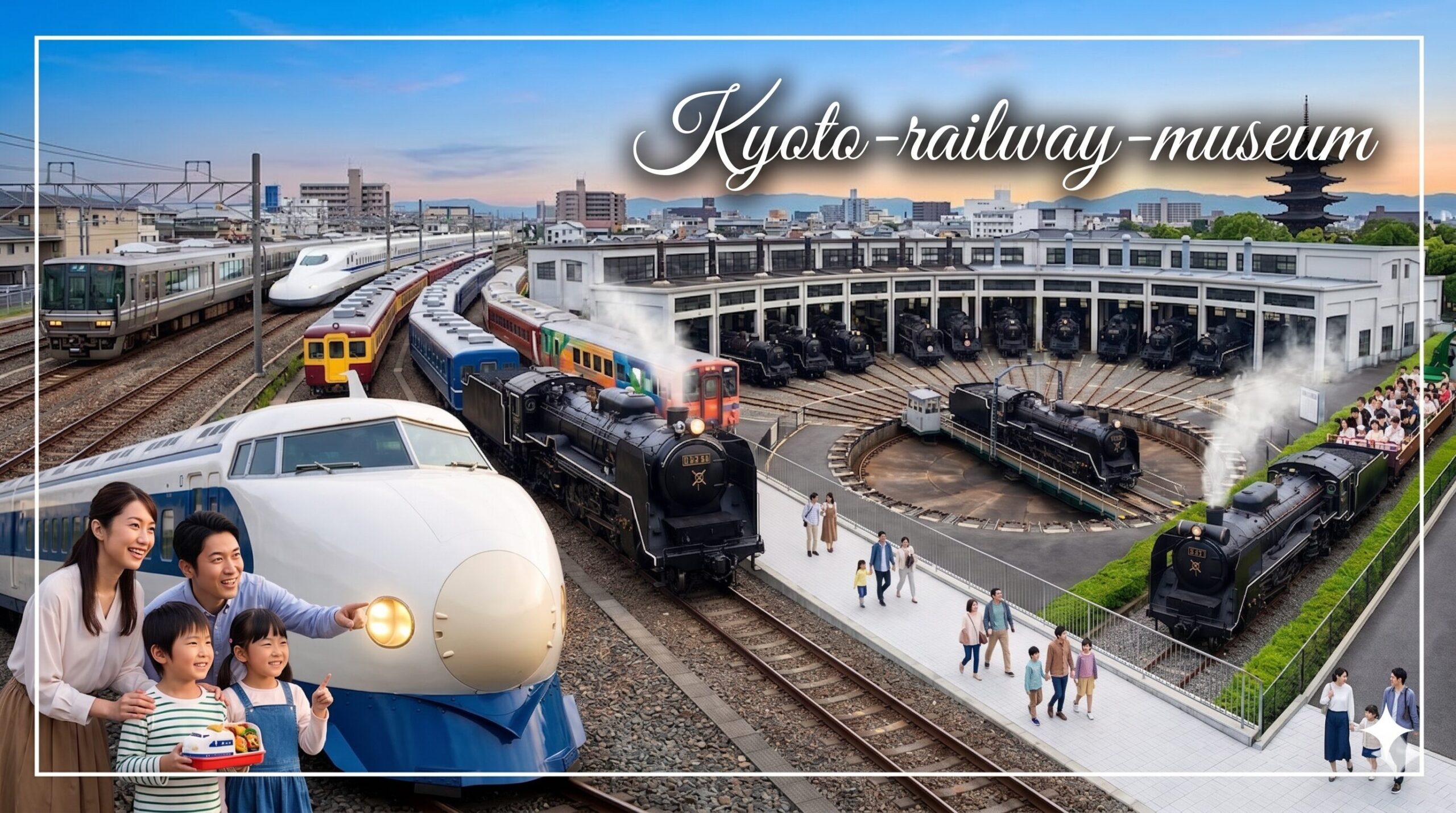 京都鉄道博物館の魅力を凝縮したアイキャッチ画像。国の重要文化財である扇形車庫と転車台に並ぶ蒸気機関車群、世界に誇る0系新幹線、そしてSLスチーム号が梅小路公園を走る様子。歴史、体験、学びが融合した、アジア人家族も楽しめる日本の鉄道聖地。遠くには京都の東寺五重塔が見える。