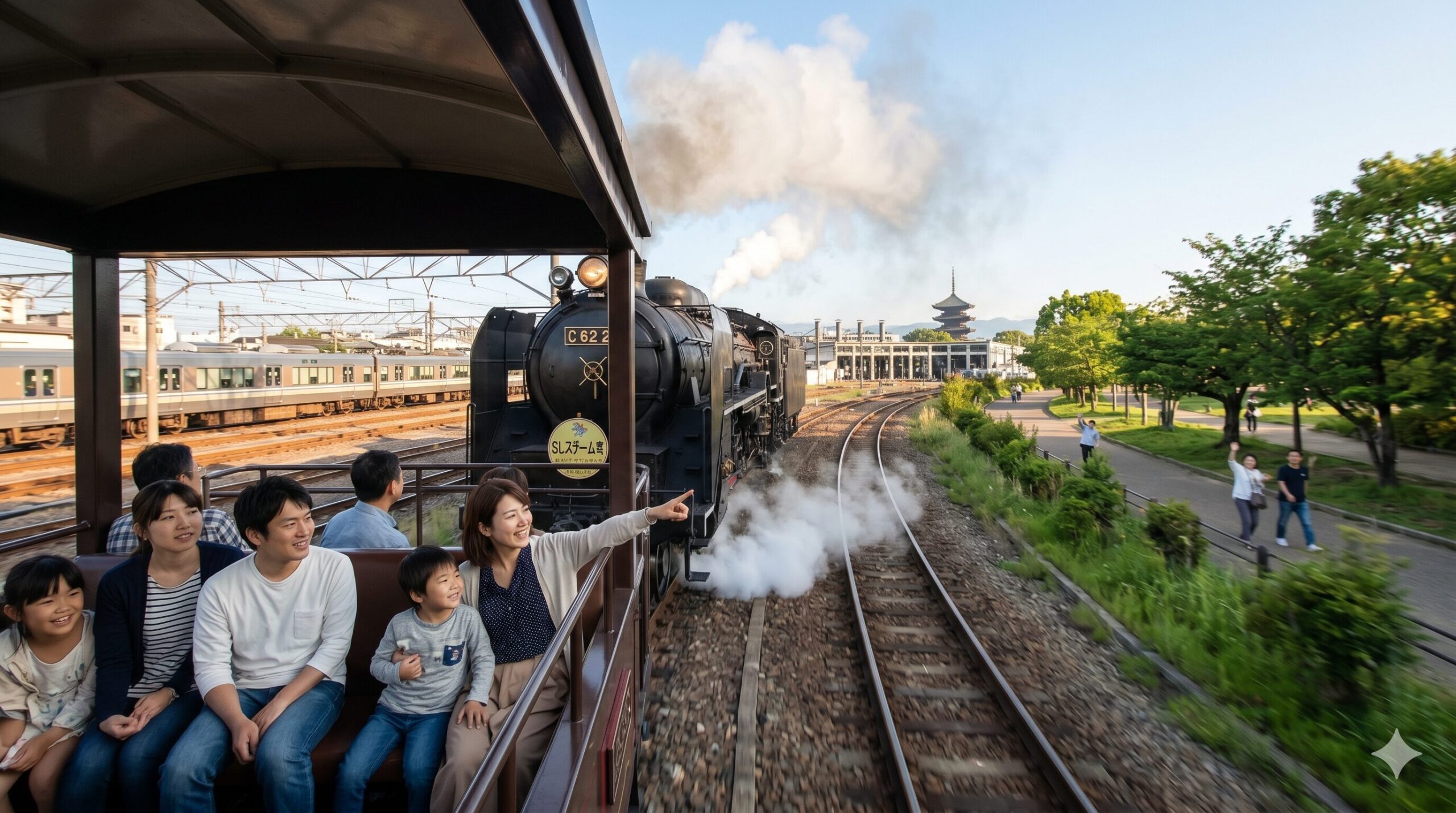 京都鉄道博物館でSLスチーム号に乗車し、煙を上げる蒸気機関車と遠くに見える東寺の五重塔、並走するJR線を眺める日本人家族の様子。本物の蒸気機関車の迫力を体感できる。