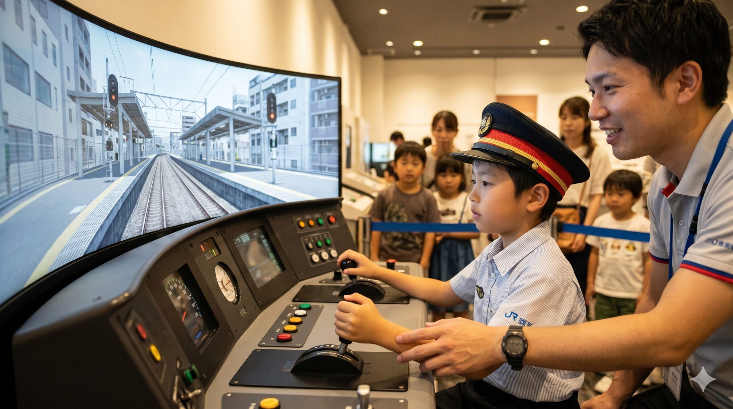 京都鉄道博物館の運転シミュレータで、子供用制服を着た男の子が本物の運転士のようなレバー操作に挑戦する様子。モニターにはリアルな路線映像が映し出されている。