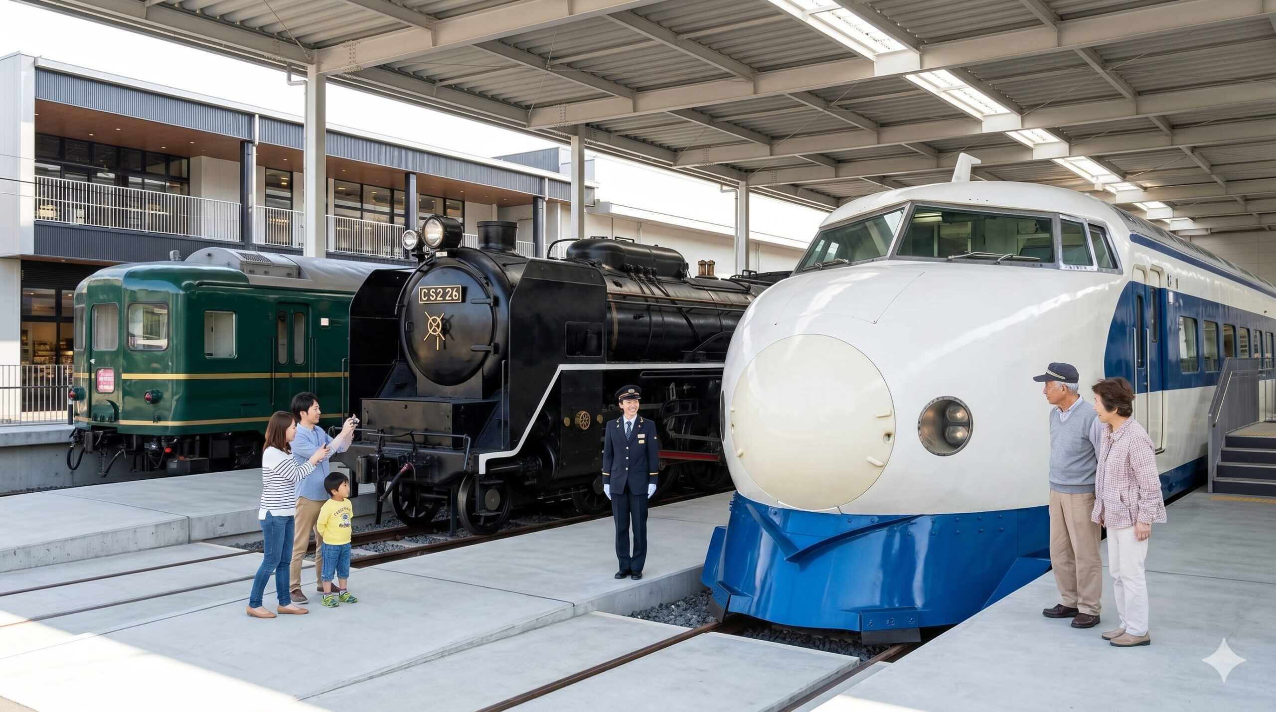京都鉄道博物館のプロムナードに並ぶ、世界初の高速鉄道「0系新幹線」と伝説の「C62形蒸気機関車」、「トワイライトエクスプレス」。日本の鉄道史を築いたスター車両たちが並ぶ。