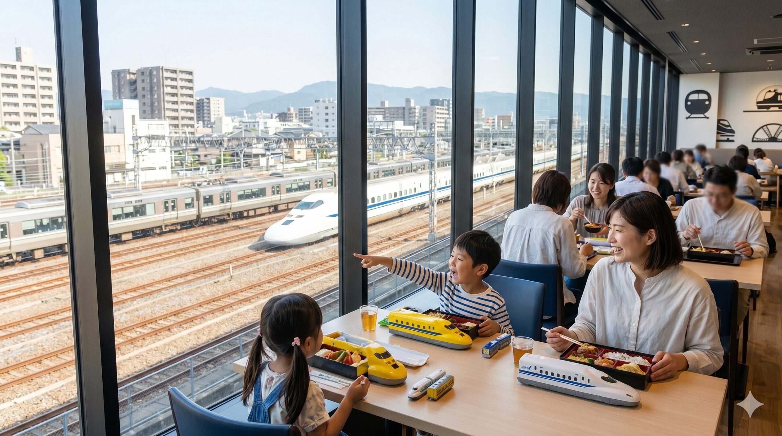 京都鉄道博物館のレストランで、窓の外を走る本物の新幹線やJR線を眺めながら、ドクターイエロー型の駅弁を楽しむ日本人家族。トレインビューと遊び心満載のメニューが人気。