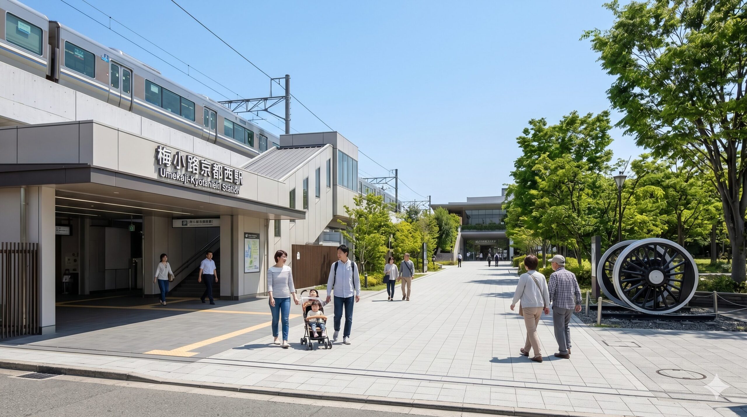 JR嵯峨野線の梅小路京都西駅。駅の出口から目の前に梅小路公園が広がり、京都鉄道博物館の入口へ続く遊歩道が整備されている。徒歩2分という便利なアクセスを証明する。