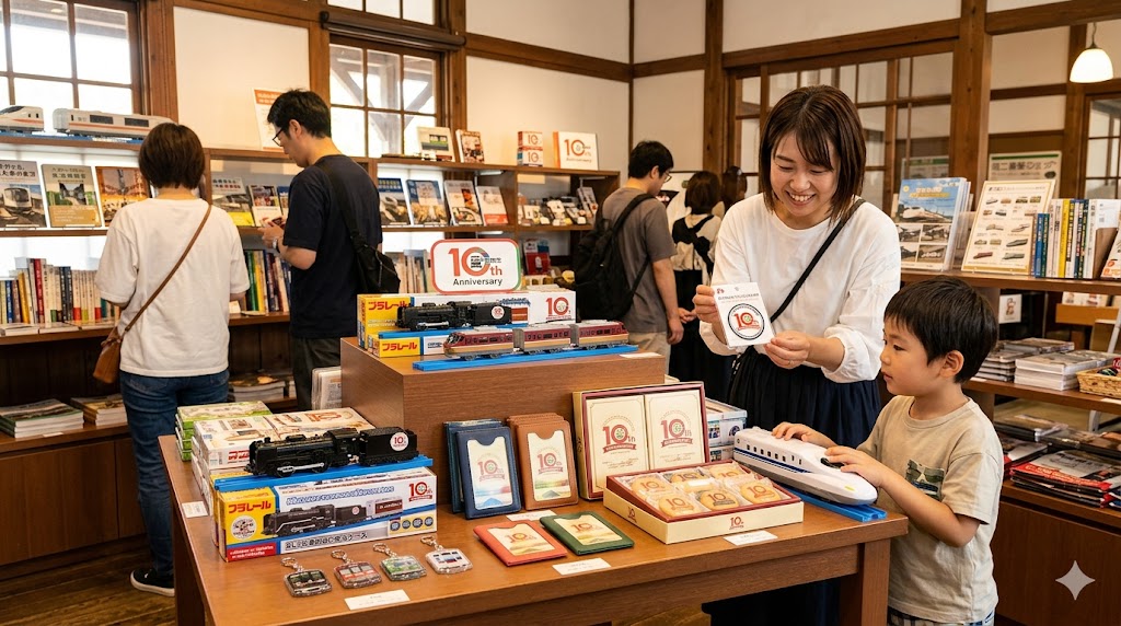 歴史的な旧二条駅舎を利用した京都鉄道博物館のミュージアムショップ。2026年の開館10周年を記念した限定のプラレールやピンバッジ、お菓子などが華やかに並び、日本人客が買い物を楽しんでいる。