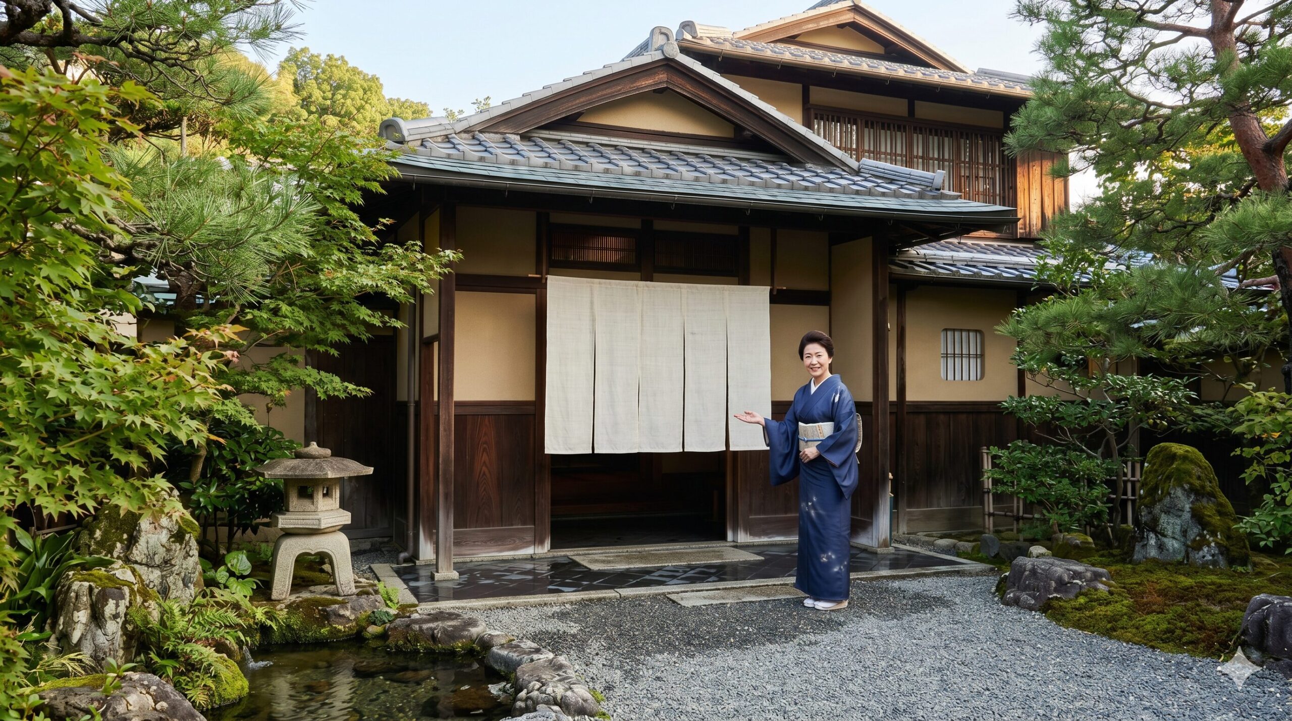 京都の老舗料亭、下鴨茶寮の本店の外観。伝統的な数寄屋造りの建物と、緑豊かな庭園が広がる。暖簾には文字はなく、格式高い雰囲気が漂う。アジア人のスタッフが門前で客を迎えている。