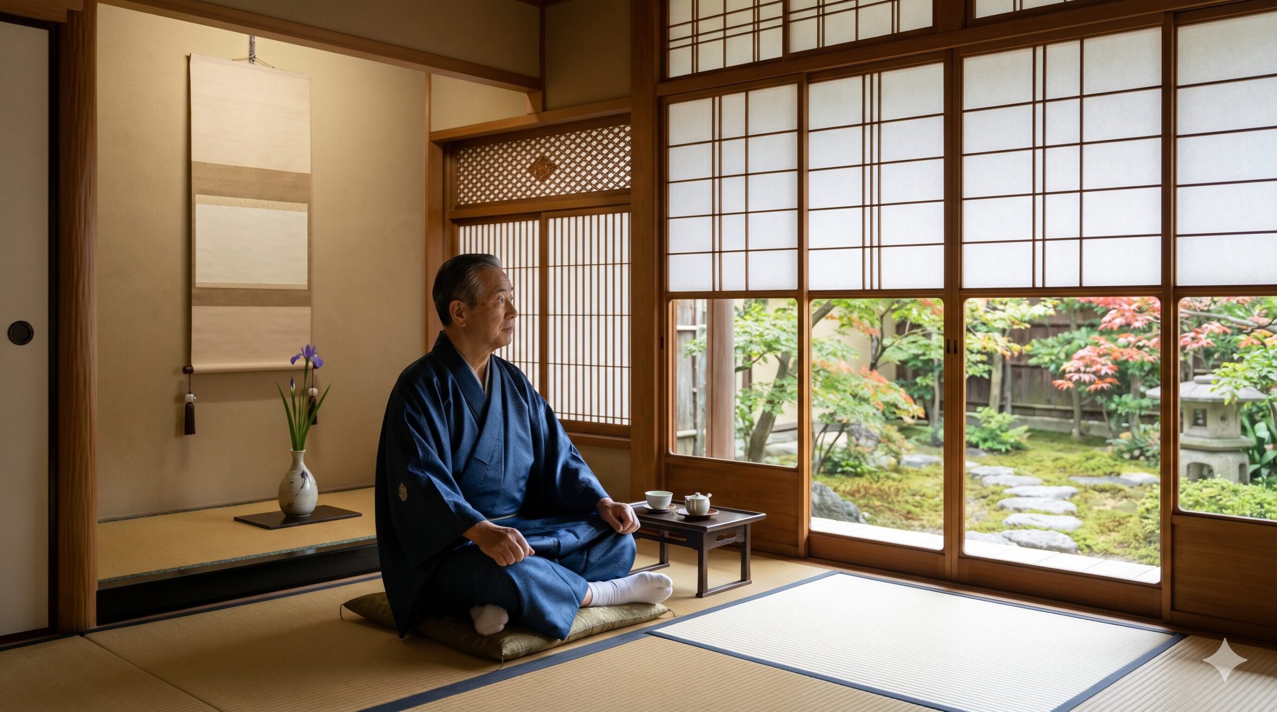 京都の老舗料亭、下鴨茶寮の歴史ある数寄屋造りの和室内部。洗練された伝統工芸品が飾られ、窓からは美しい日本庭園が望める。静寂と格式が感じられる空間。アジア人の客が座敷でくつろいでいる。