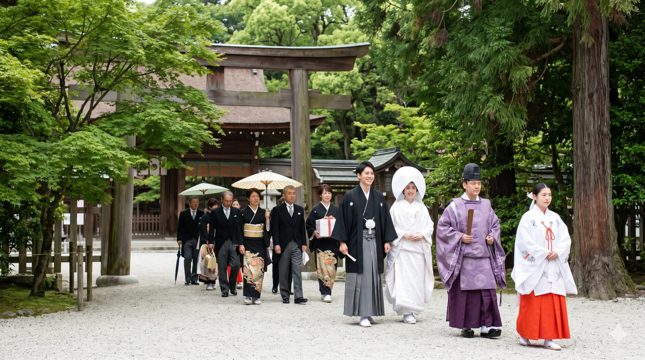 京都の下鴨神社で執り行われる、伝統的な日本の結婚式（神前式）の様子。紋付袴姿の新郎と白無垢姿の新妻が、神職に導かれて境内を歩む「参進の儀」。アジア人のカップルの幸せそうな表情。
