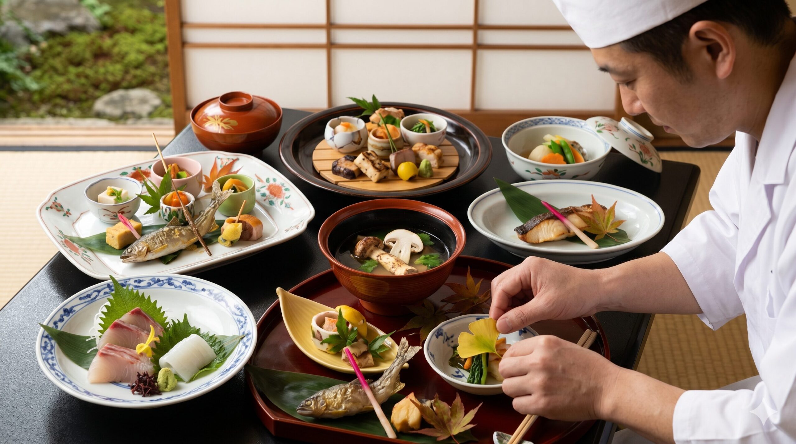 京都の老舗料亭、下鴨茶寮で提供される本格的な京懐石料理のコース。旬の食材を使った彩り豊かな小鉢や、美しい器に盛り付けられた椀物などが並ぶ。アジア人のシェフが繊細な技で盛り付けをしている。