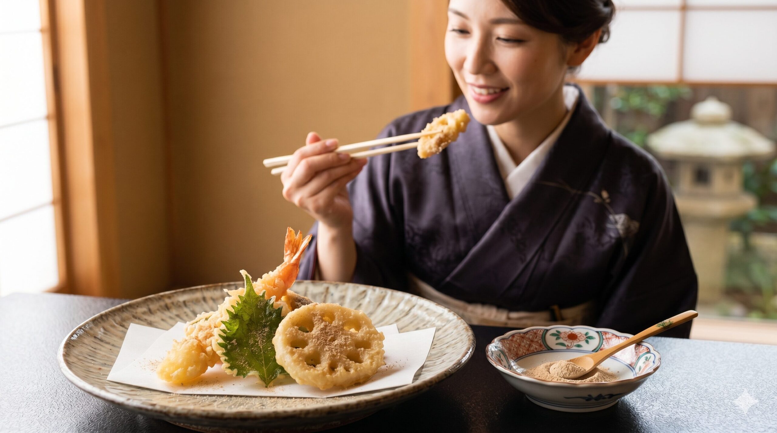 京都の老舗料亭が開発した「粉しょうゆ」を、揚げたての天ぷらに添えて楽しむ様子。サクサクの衣にきめ細やかな粉末醤油がまぶされ、柚子の香りが漂う。和の趣がある器に盛り付けられ、背後にはアジア人の客が箸を持つ姿が映る