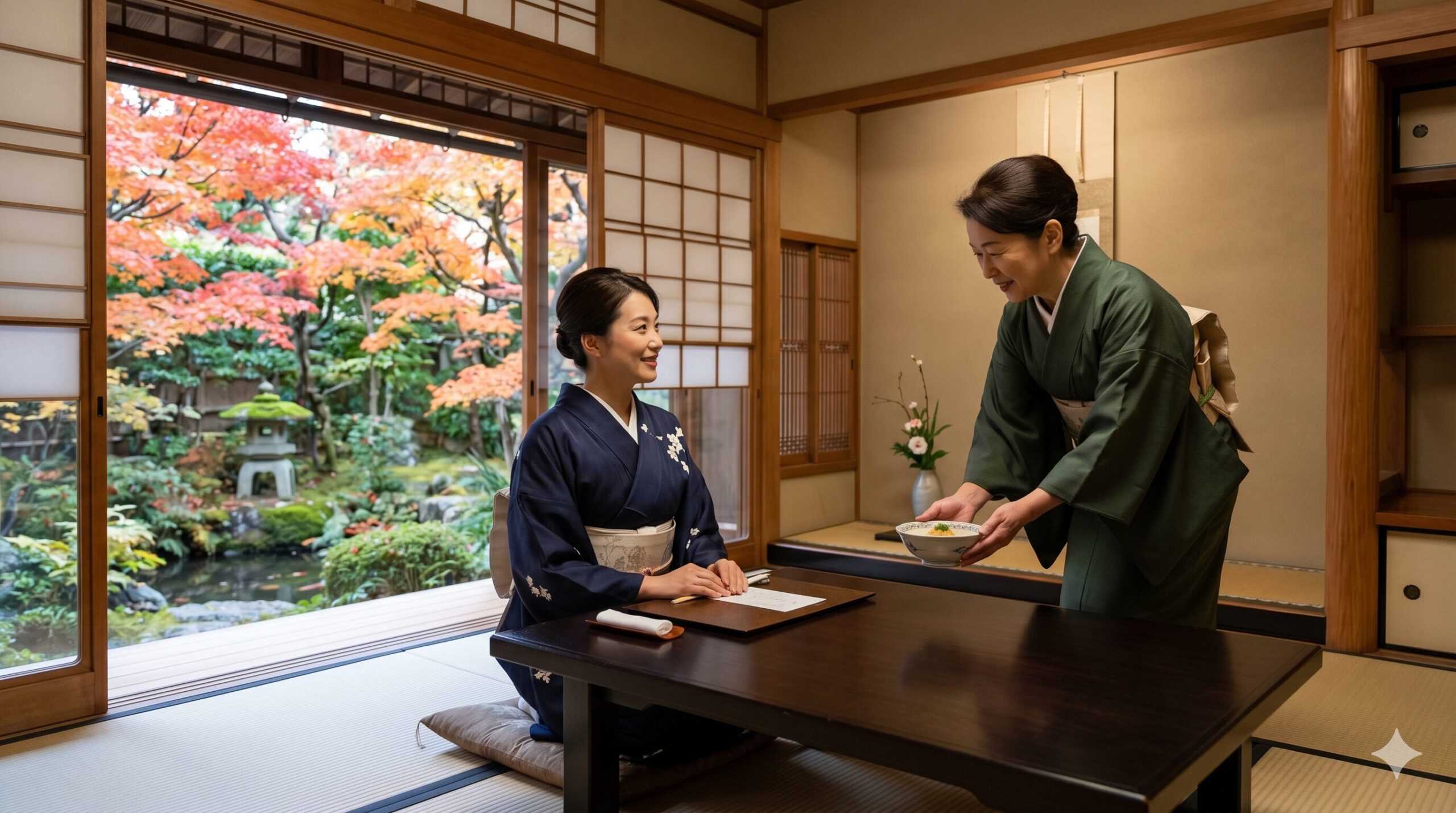 京都の老舗料亭の個室で、和服姿のスタッフから丁寧な接遇を受けるアジア人の女性客。窓から見える美しい日本庭園を背景に、心温まるおもてなしと上質な空間に満足している穏やかな表情。
