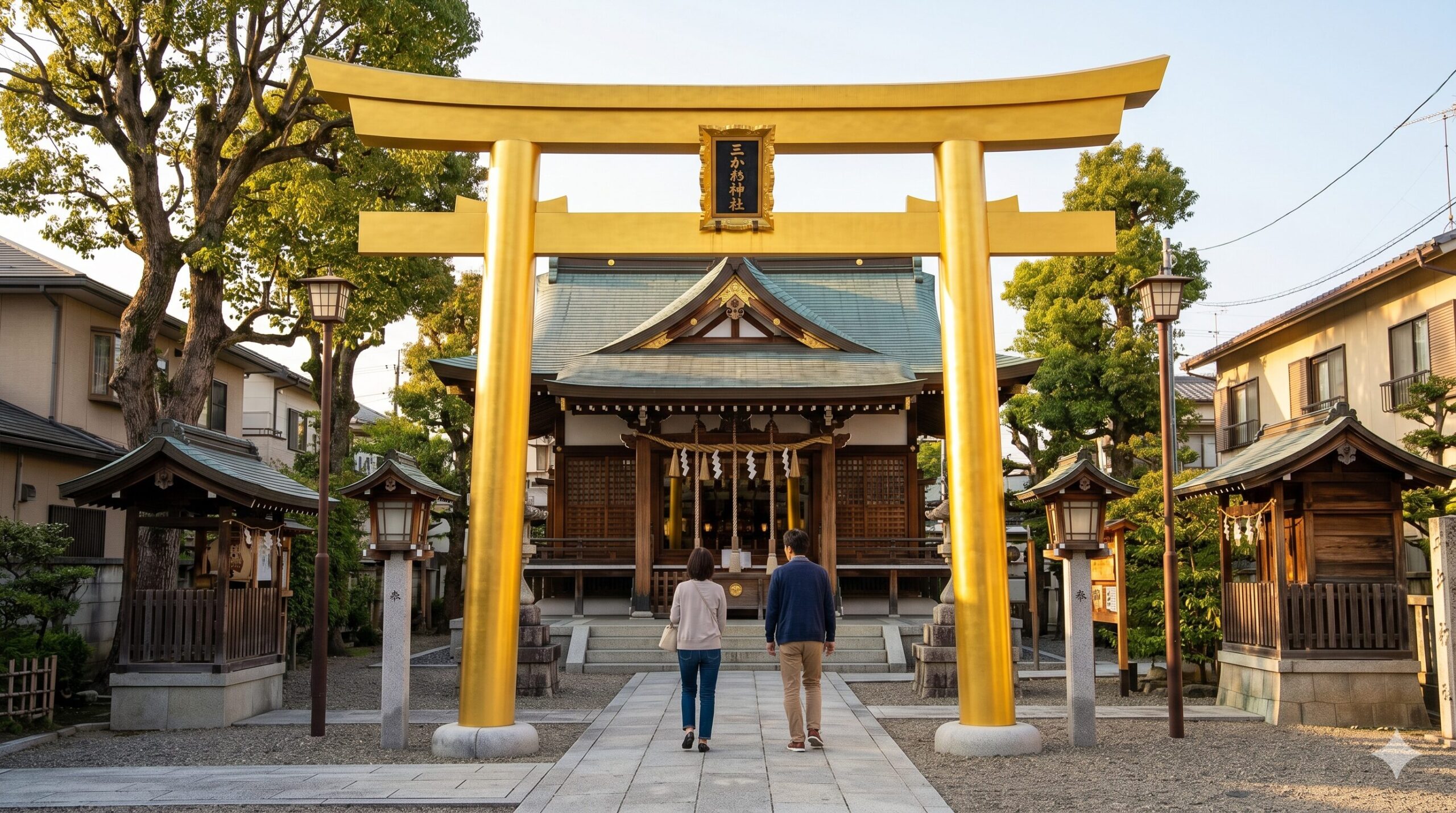 京都の静かな住宅街にある御金神社の黄金の鳥居と本殿。暖かい太陽の光に輝き、金運向上の雰囲気を醸し出す。日本人参拝客が歩いている。16:9の横長写真。