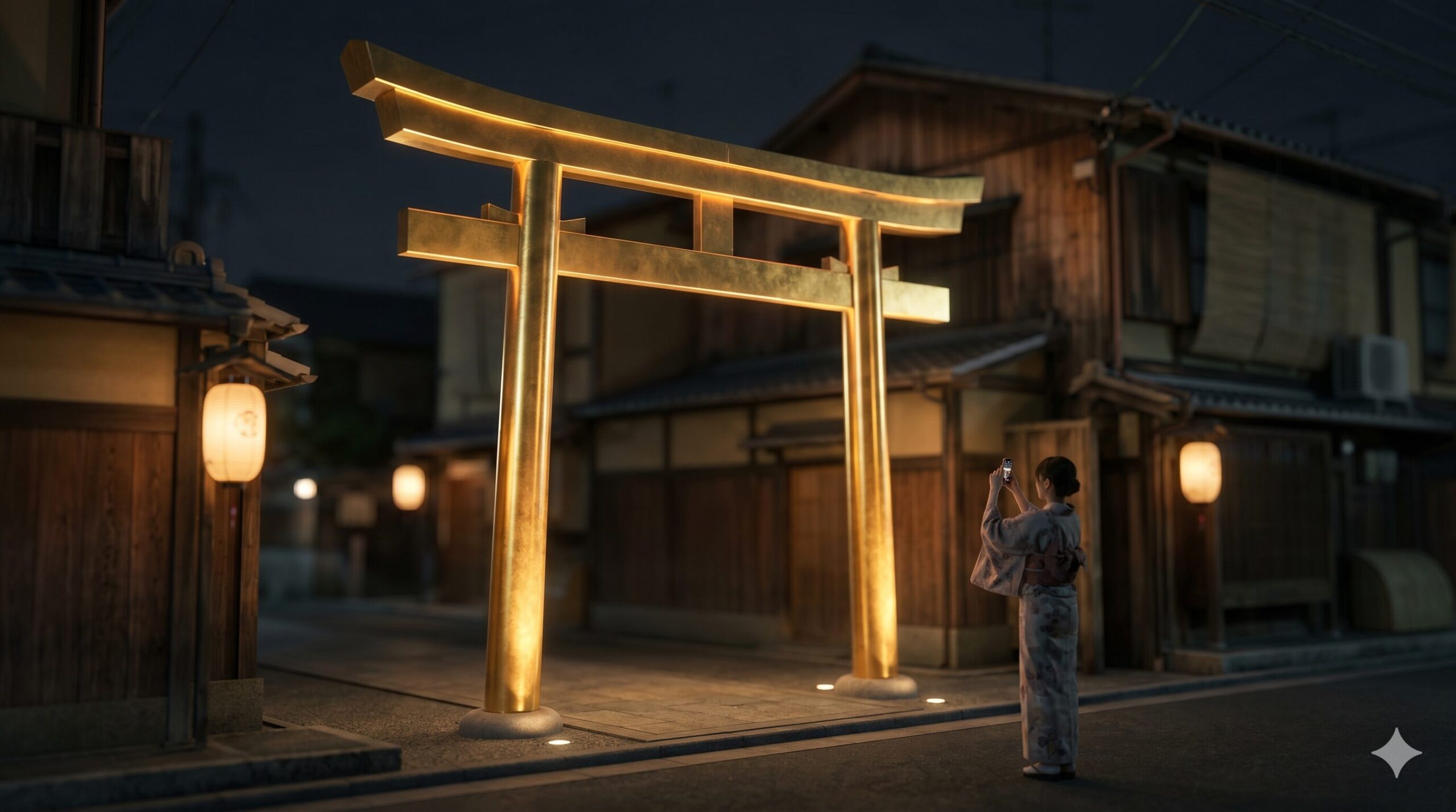 京都の御金神社の黄金の鳥居が夜間にライトアップされた神秘的な光景。暗闇の中に輝き、金運のエネルギーを感じさせる。日本人女性が写真を撮っている。16:9の横長写真。