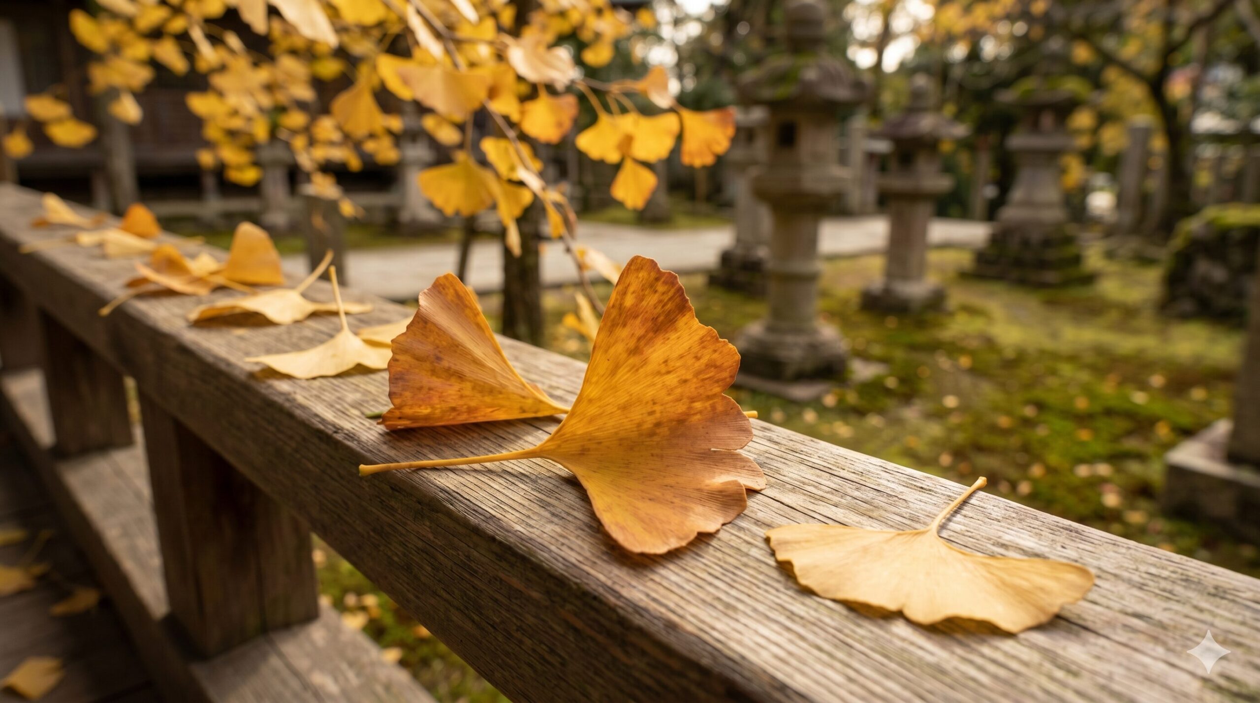 京都の御金神社の御神木イチョウの、末広がりの形をした黄金色の落ち葉が、古い木製の表面に並んでいる。繁栄と金運の象徴。16:9の横長写真。
