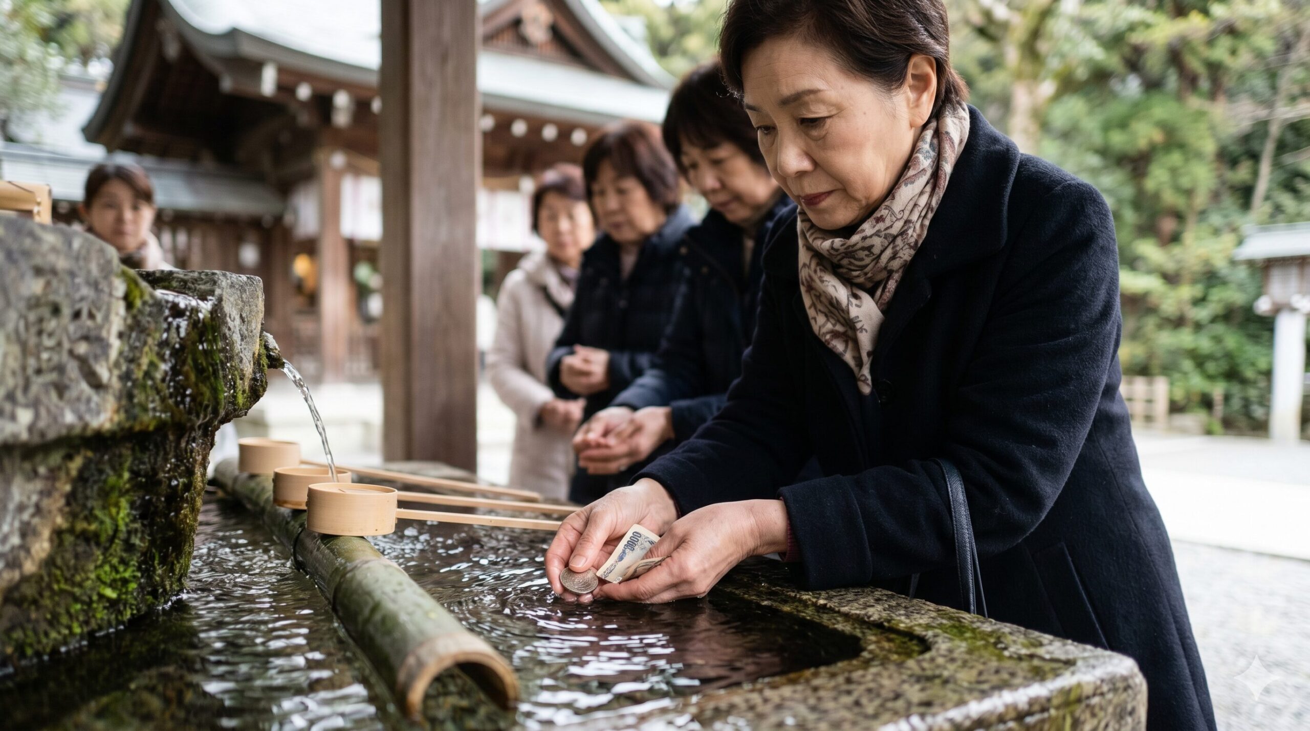 京都の神社の手水舎で、日本人参拝客がお金（小銭と紙幣）を清める様子。物理的に洗うのではなく、水をそっとかける精神的な浄化儀礼。16:9の横長写真。