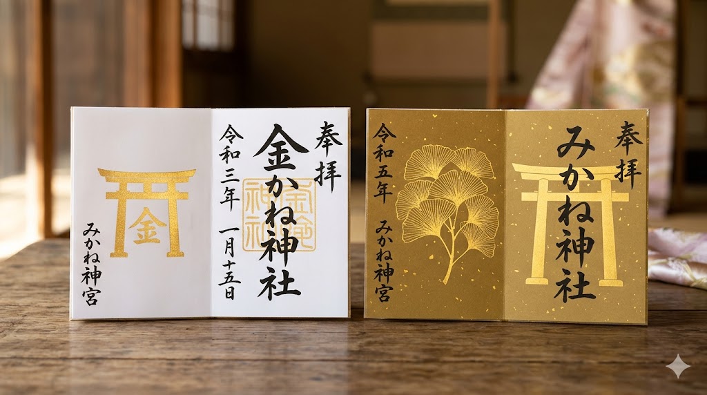 京都の御金神社の、書き置きのみで授与される2種類の御朱印。左は通常の金文字、右はイチョウの金箔押しが施された限定御朱印。木製の台の上に並んでいる。16:9の横長写真。