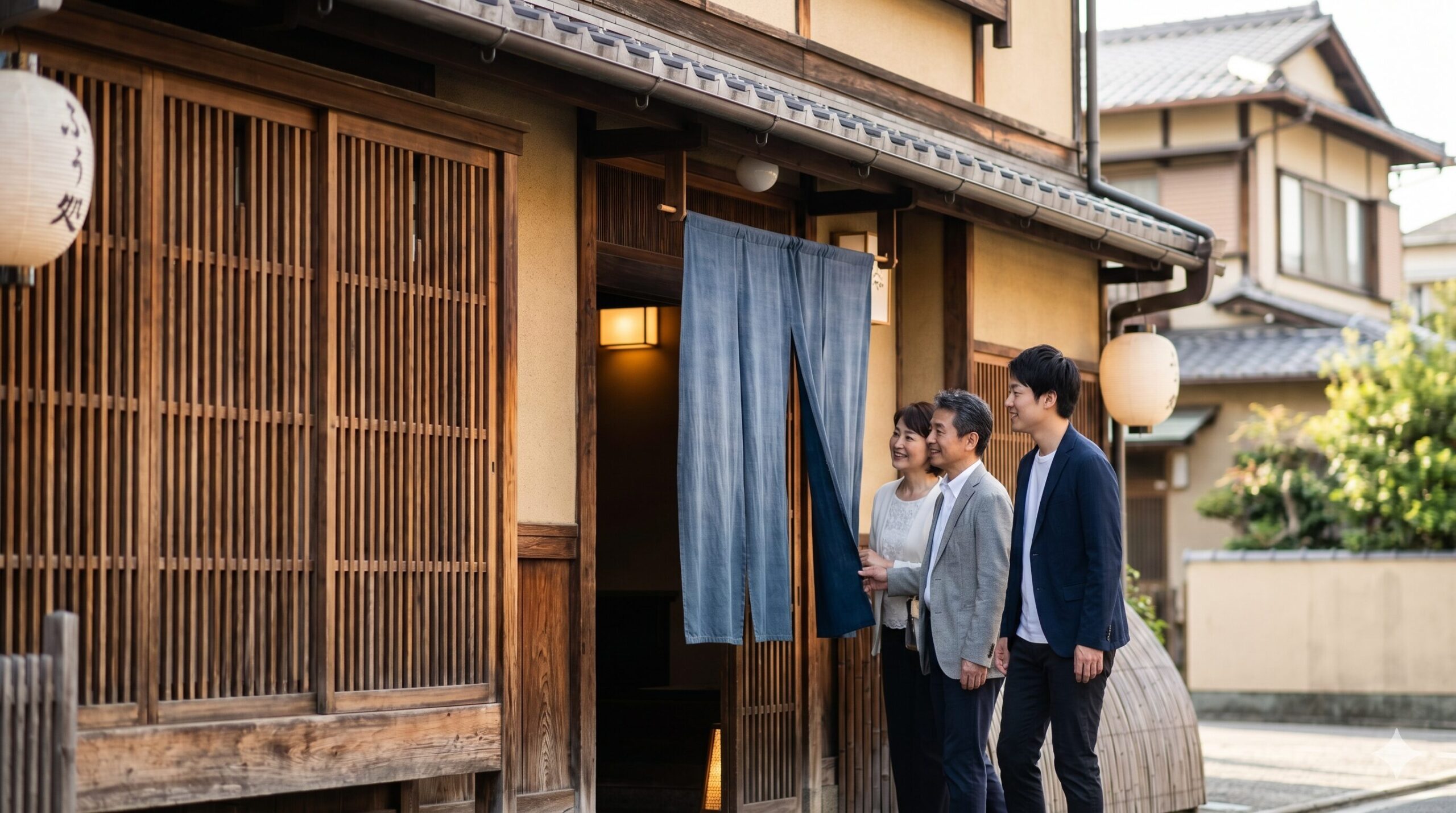 京都の御金神社の近くにある、築100年の京町家を改装した趣のある料亭の入り口。暖簾をくぐり、日本人客が入っていく。周辺は静かな住宅街。16:9の横長写真