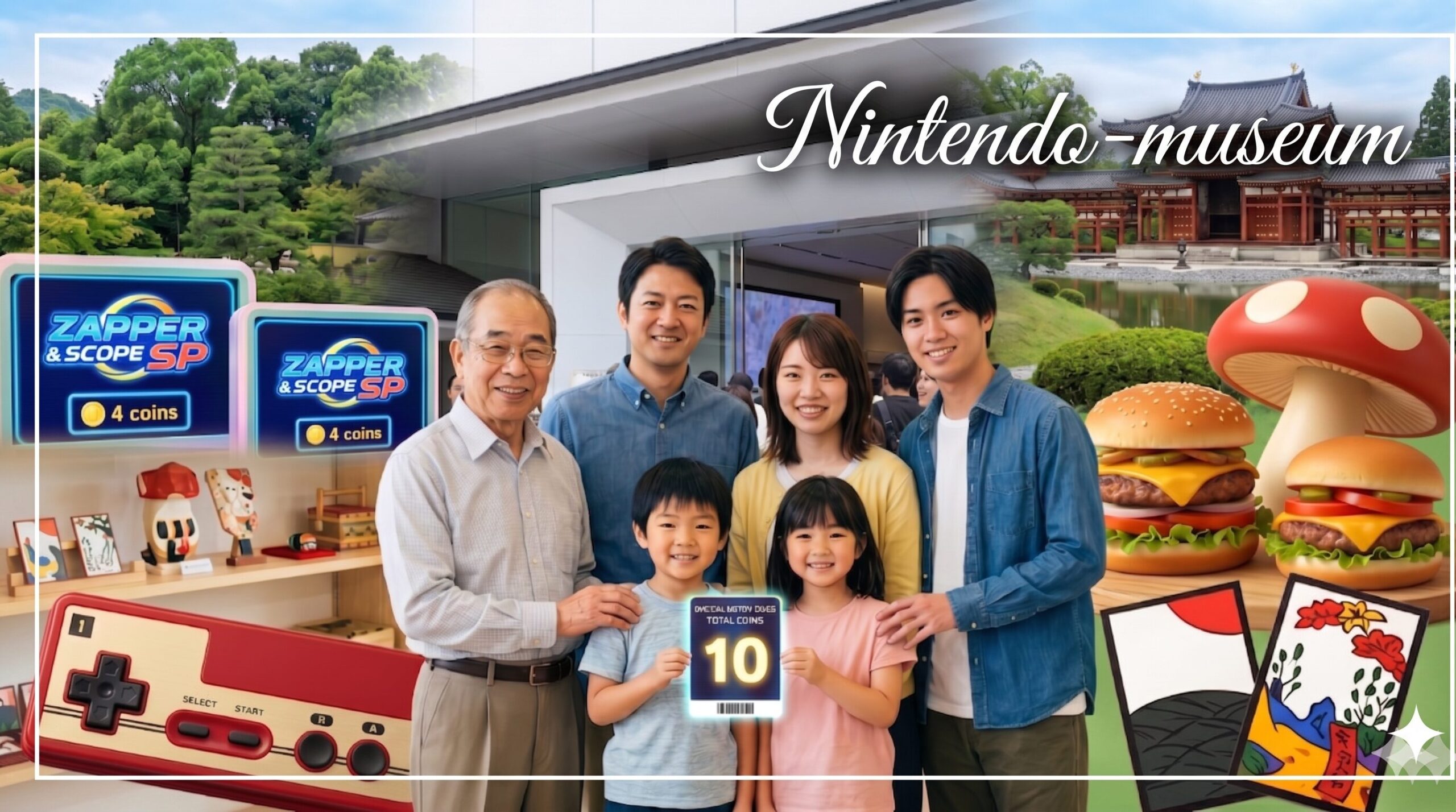 ニンテンドーミュージアムの記事全体を代表する包括的なタイトルアイキャッチ画像。笑顔の日本人3世代ファミリーが、巨大コントローラー、アクティビティ（ザッパー＆スコープSP）、限定グッズ、カスタムバーガー（キノコ要素）、そして花札づくりのワークショップといった、ミュージアムでの多様な体験（10枚のコインで遊ぶ様子）に囲まれている。背景には、現代的なミュージアムと平等院鳳凰堂が統合された京都・宇治の風景が広がっている。