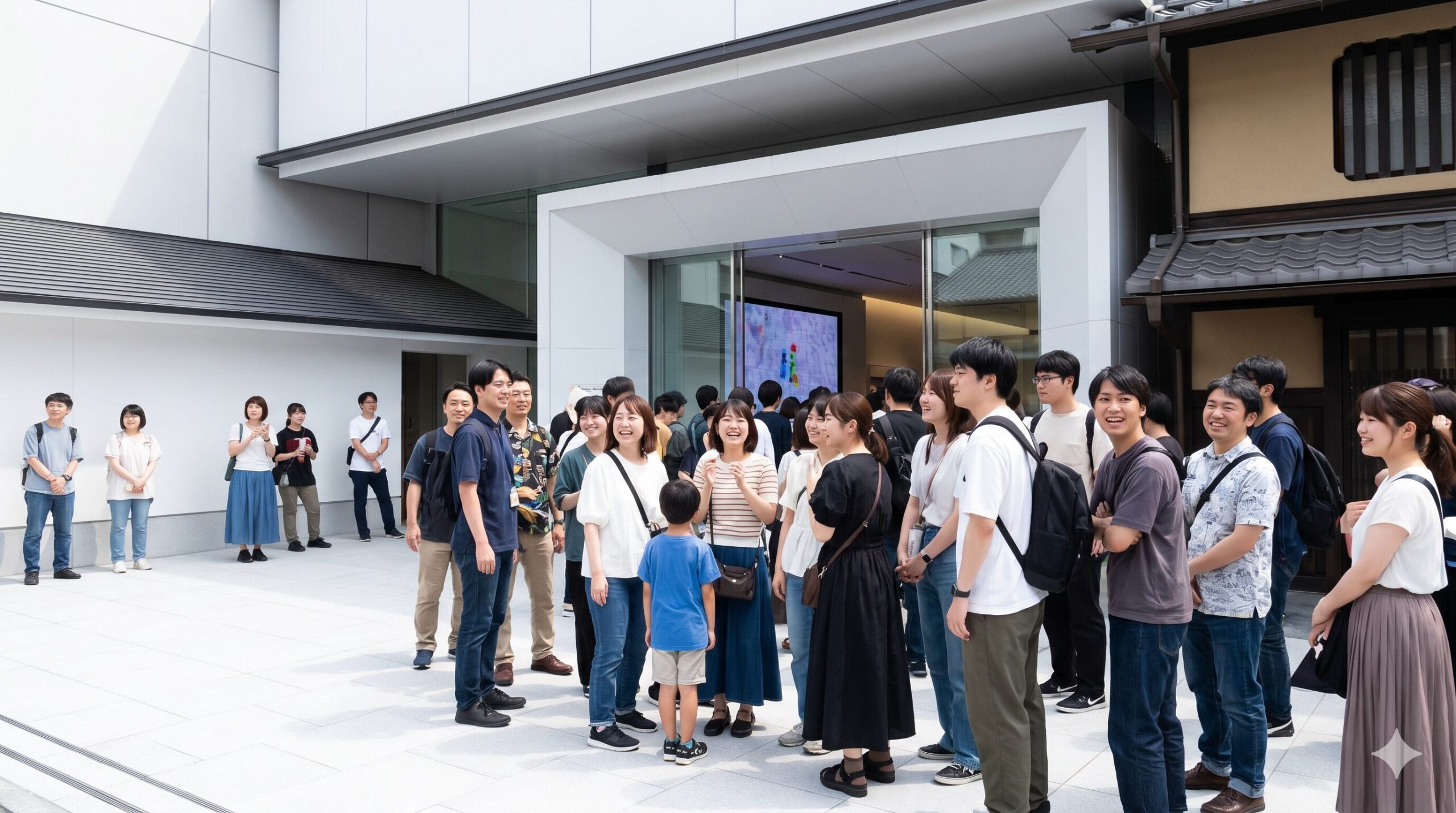 ニンテンドーミュージアムの平日午後のエントランス前の混雑状況。多くの来館者が列に並んでいるが、穏やかな雰囲気。