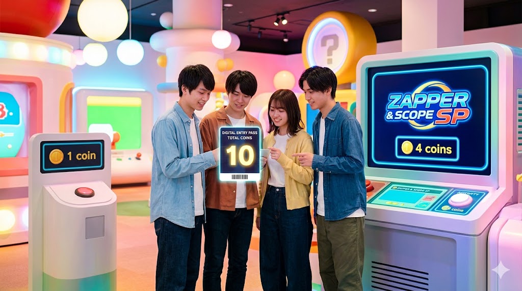 ニンテンドーミュージアムのコイン配分戦略。10枚のコインを手に、ザッパー＆スコープSP（4枚消費）と他のアクティビティをどう選ぶか考える日本人女性の様子。