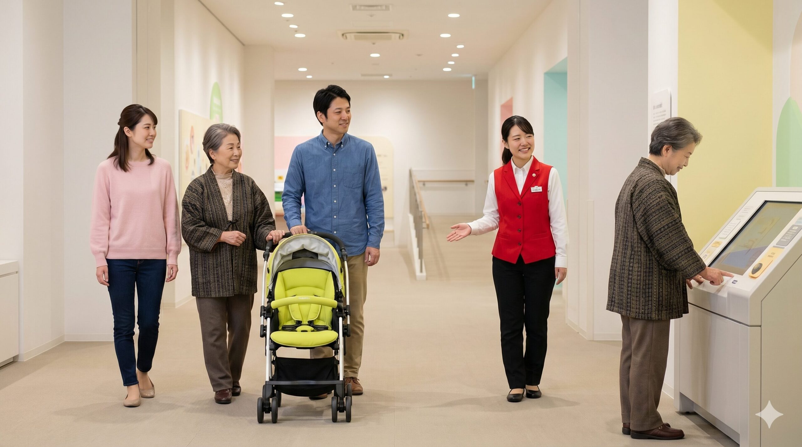 ニンテンドーミュージアムの館内設備。ベビーカーを利用する日本人家族が、赤いベストを着たスタッフに案内され、多機能トイレや授乳室が整備された広い通路を移動する。
