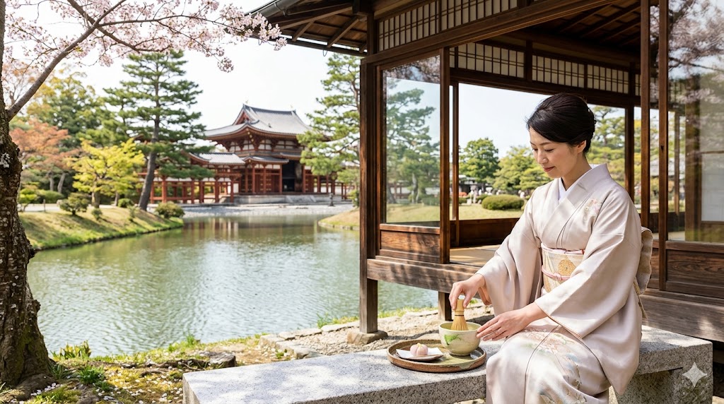 宇治のグルメスポット。宇治川を眺める伝統的な茶屋で、抹茶や茶そばなどの宇治の食文化を堪能する日本人女性。背景には平等院の鳳凰堂が静かに佇む。